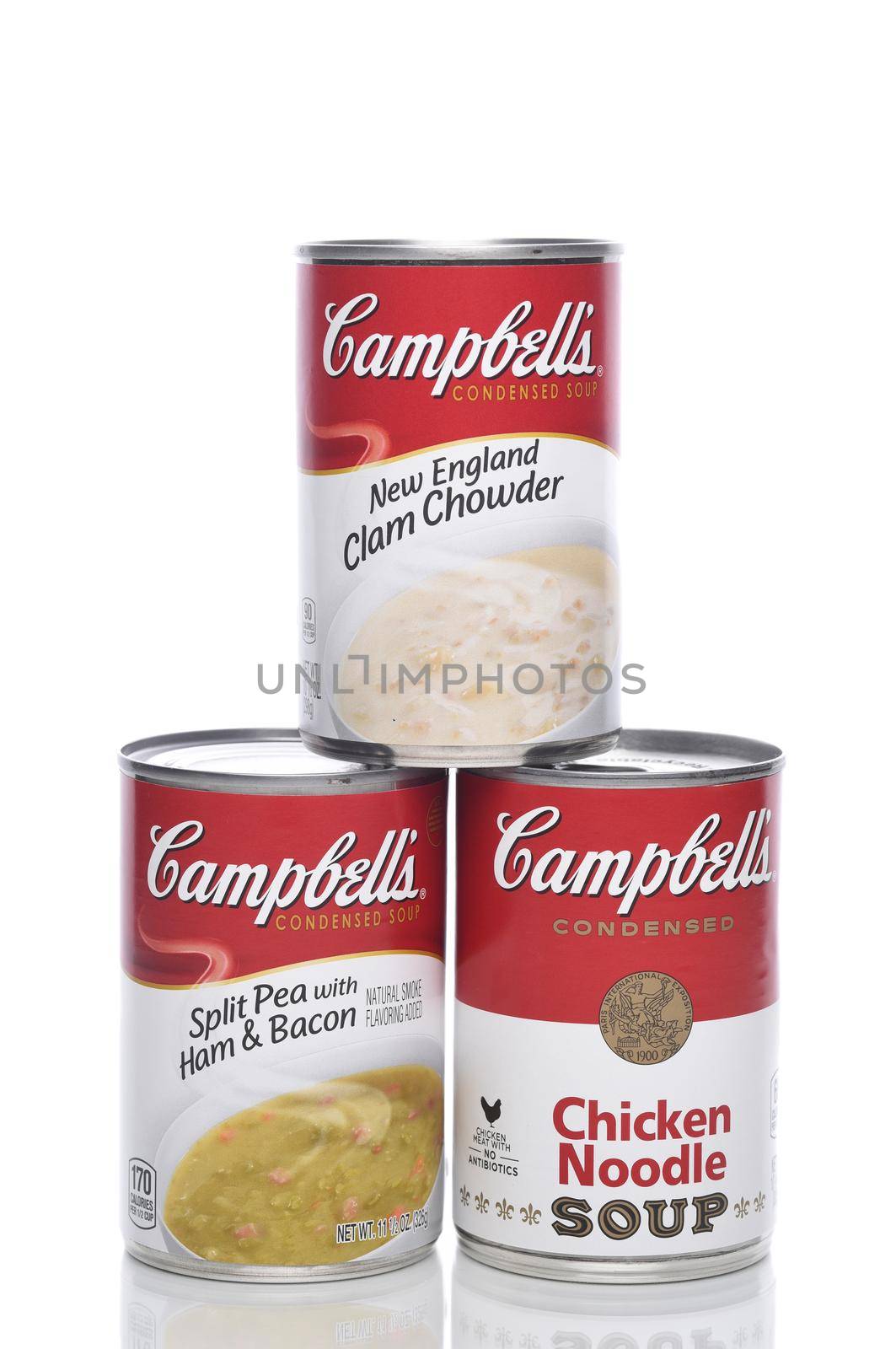 IRVINE, CALIFORNIA - 8 APRIL 2020:  Three Cans of Campbells Soups, Split Pea, Clam Chowder and Chicken Noodle.
