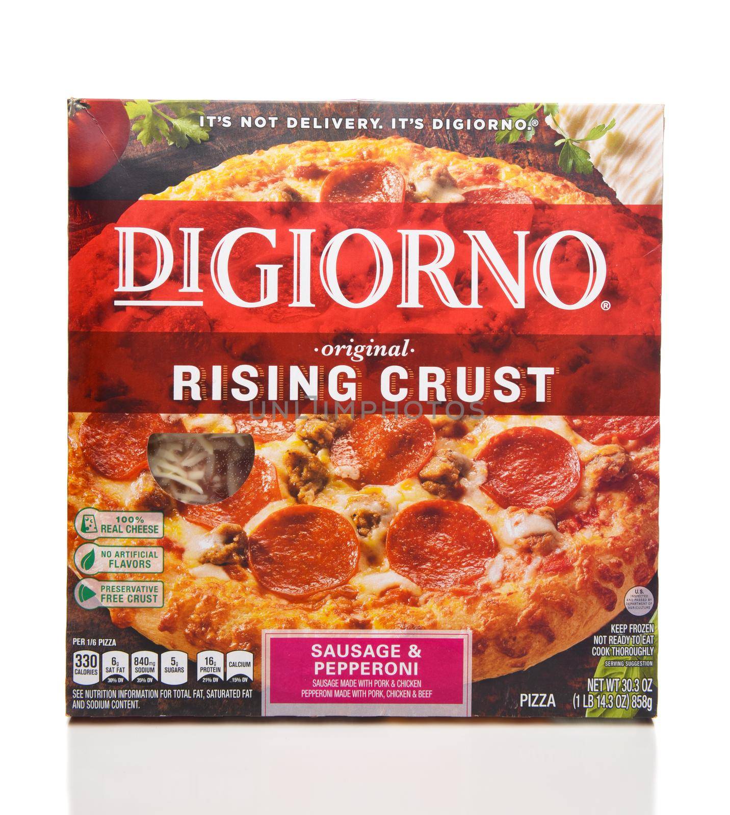 IRVINE, CALIFORNIA - APRIL 5, 2018: DiGiorno Frozen Sausage and Pepperoni Pizza. DiGiorno manufactures over 250,000 pizzas daily for USA consumers.
