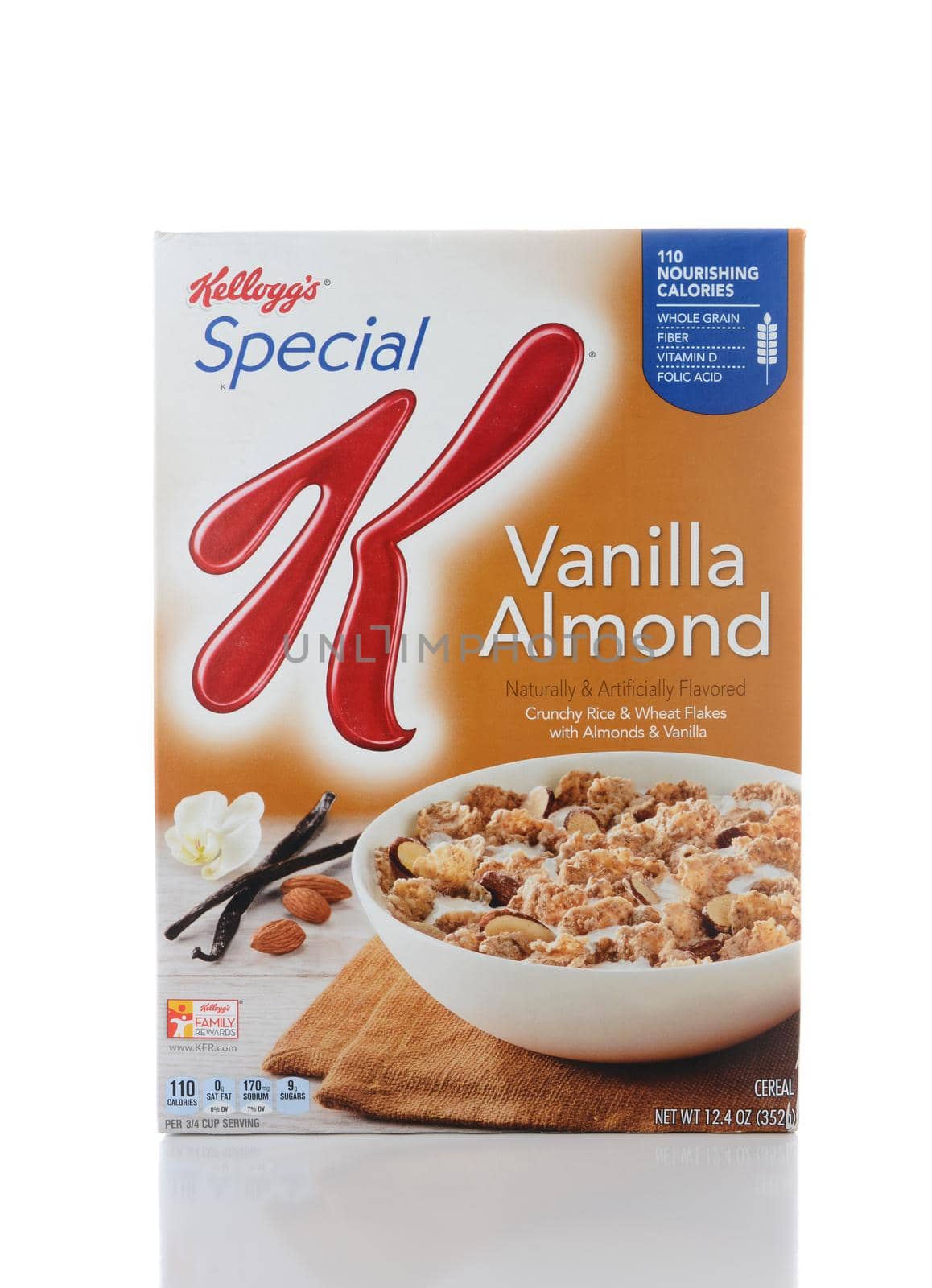 IRVINE, CA - JUNE 2, 2015: A box of Special K Vanilla Almond Cereal. Special K cereals, from Kellogg's of Battle Creek, Michigan, are  a low-fat cereal that can be eaten to help one lose weight.