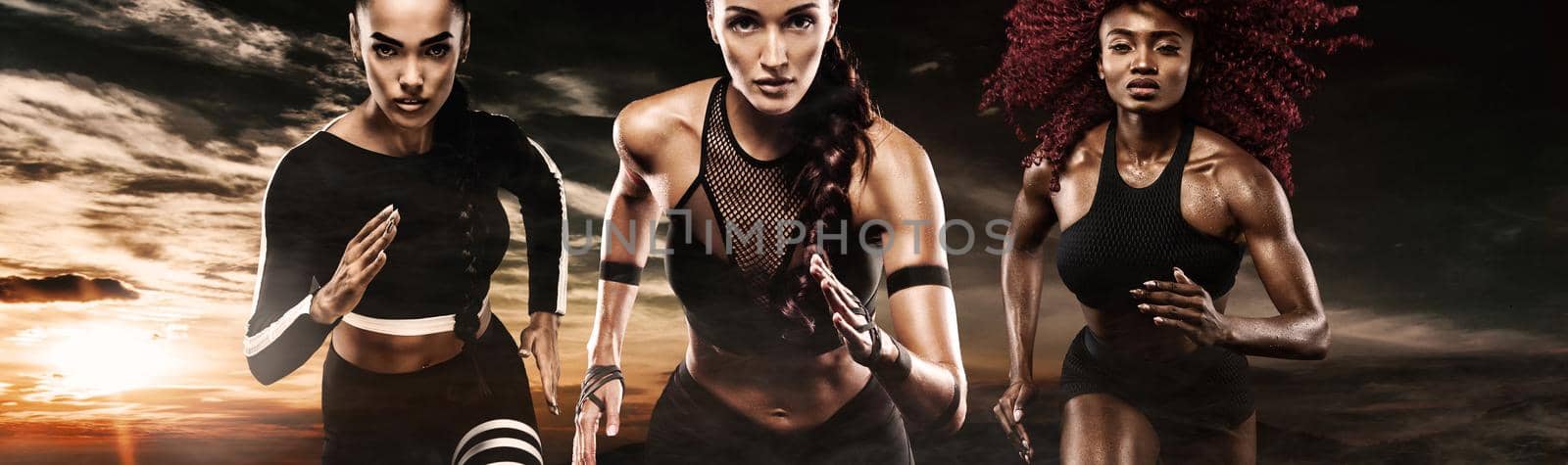 A strong athletic, women sprinter, running on dark background wearing in the sportswear, fitness and sport motivation. Runner concept. by MikeOrlov