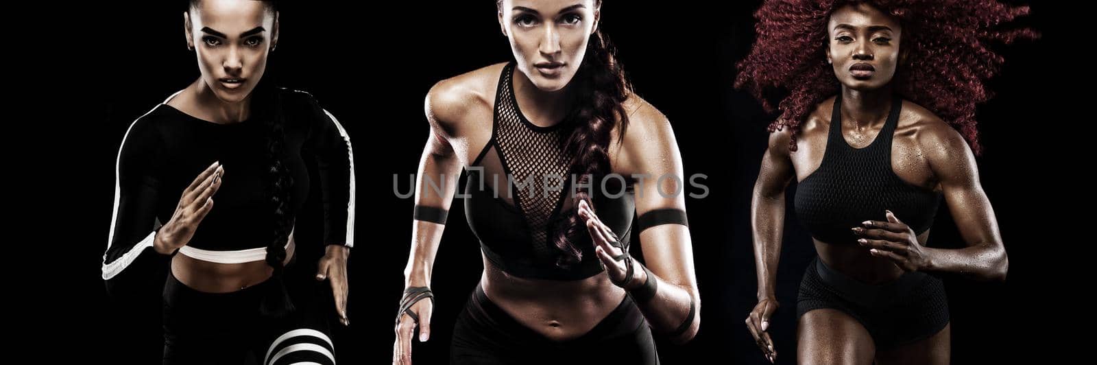 A strong athletic, women sprinter, running on black background wearing in the sportswear, fitness and sport motivation. Runner concept. by MikeOrlov