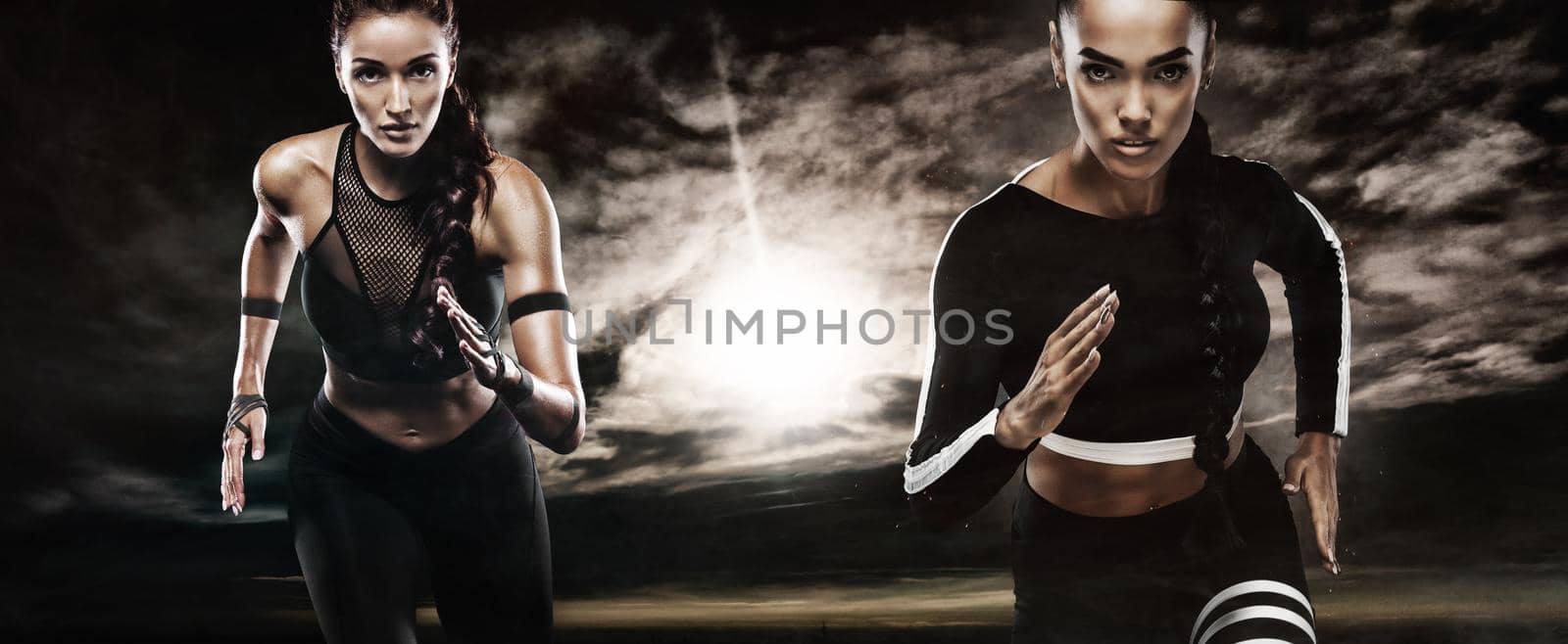 A strong athletic, women sprinter, running outdoor wearing in the sportswear, fitness and sport motivation. Runner concept with copy space. by MikeOrlov