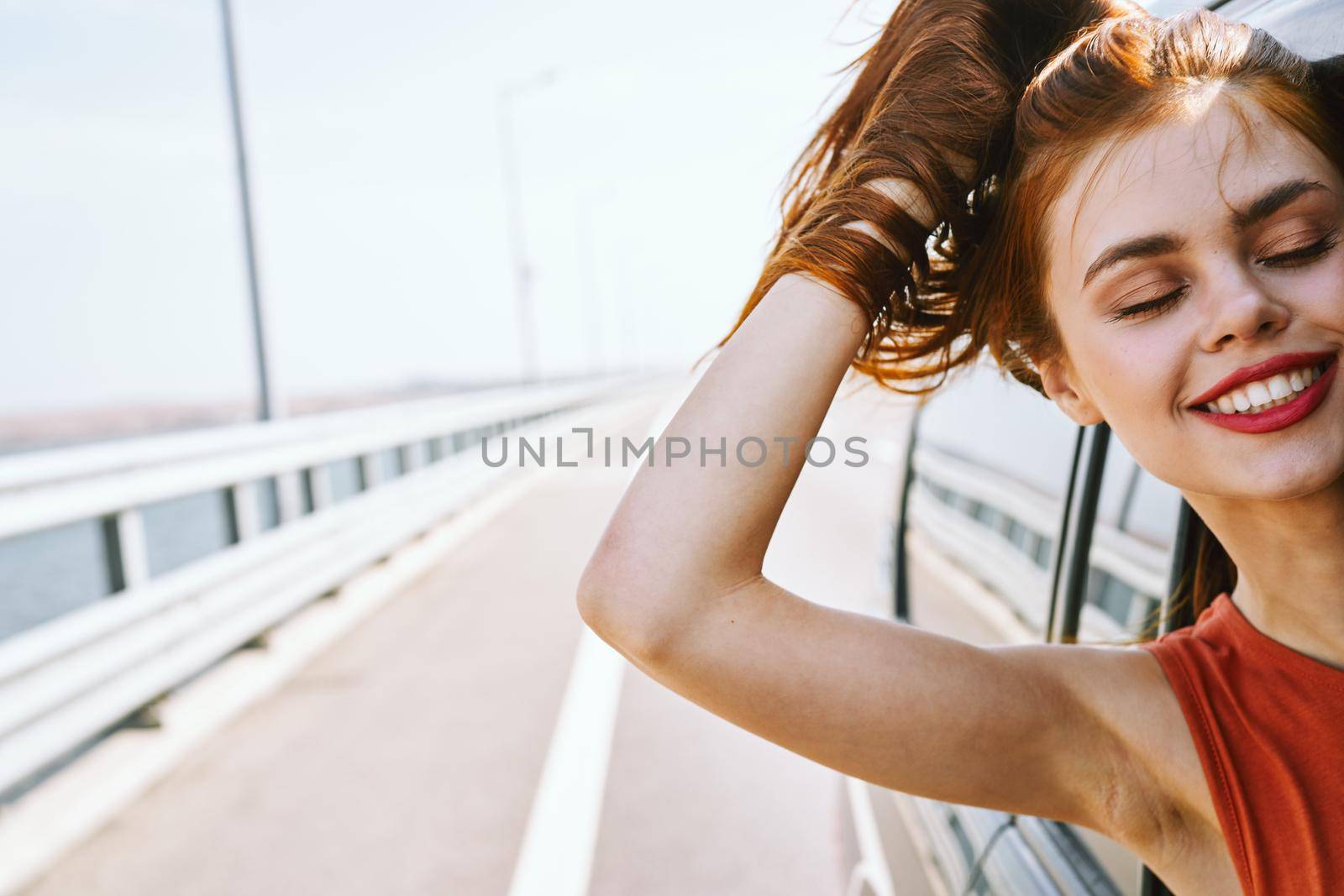 joyful woman trip travel fun vacation nature. High quality photo