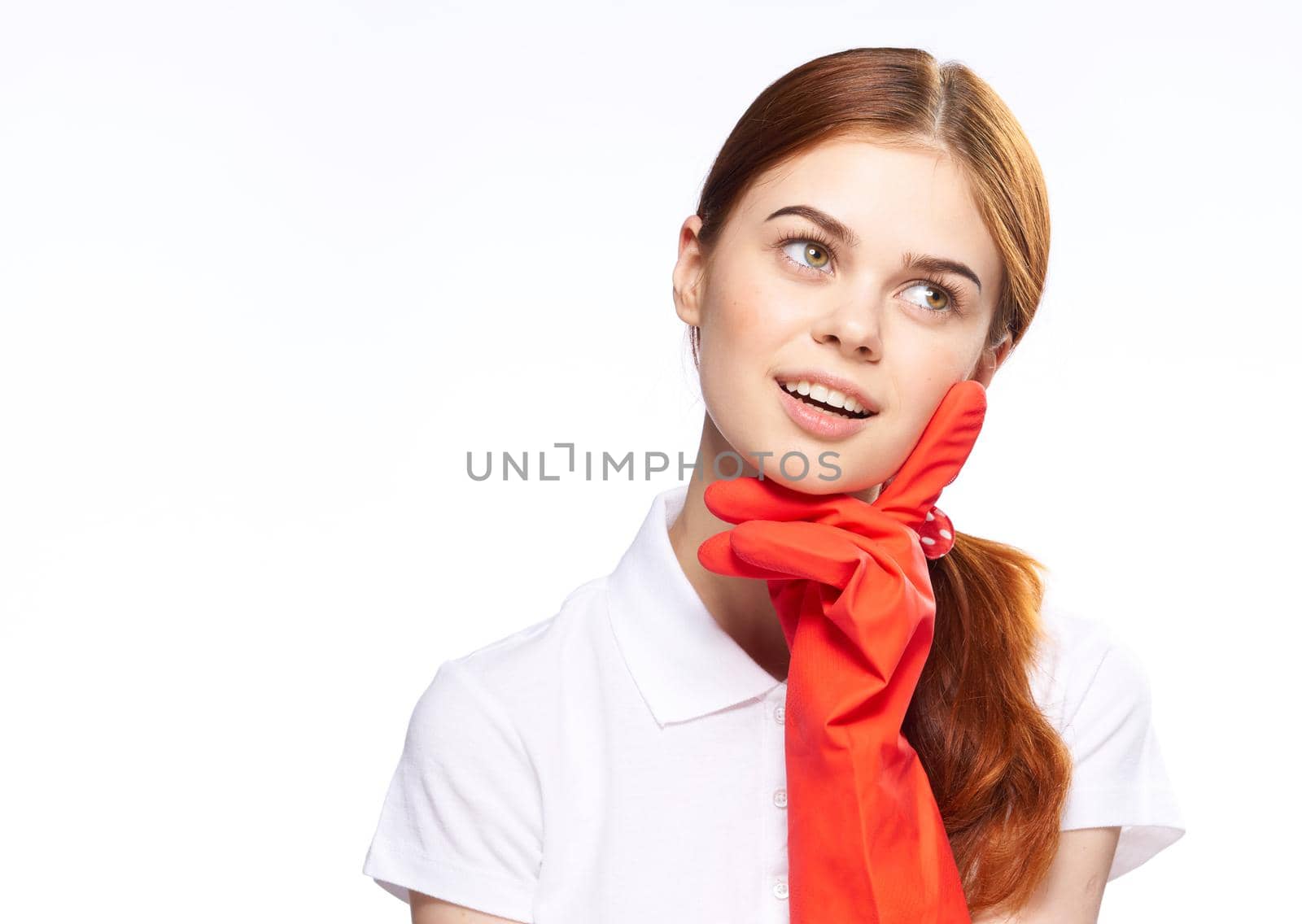 cleaning lady in red rubber gloves posing fun light background Royalty ...