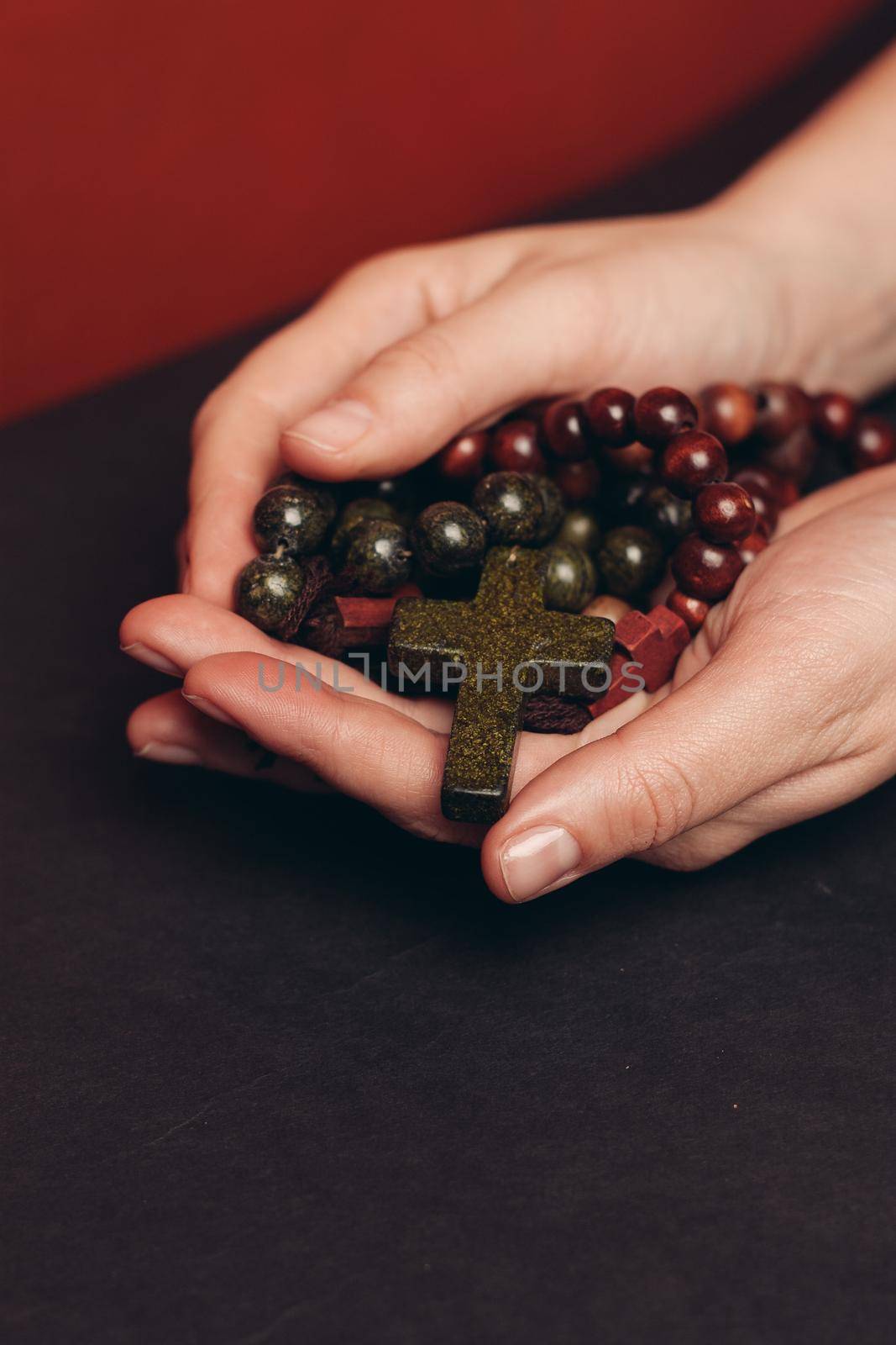 beads with orthodox cross meditation religion catholicism close-up by Vichizh