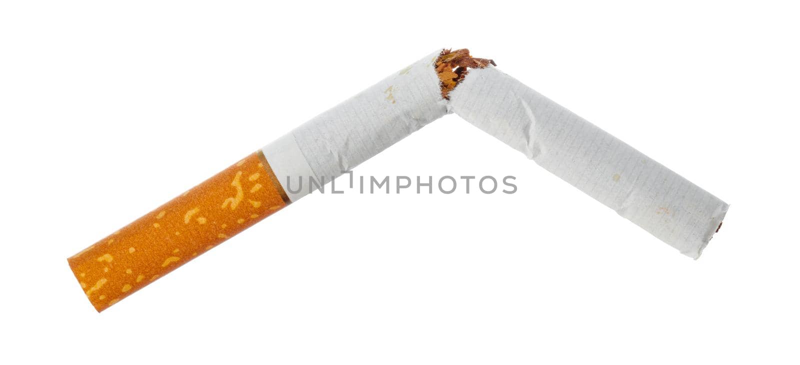 Broken cigarette isolated on white background close up copy space