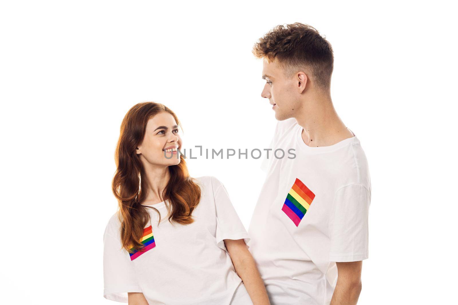 boyfriend and girlfriend lgbt flag transgender community friendship. High quality photo