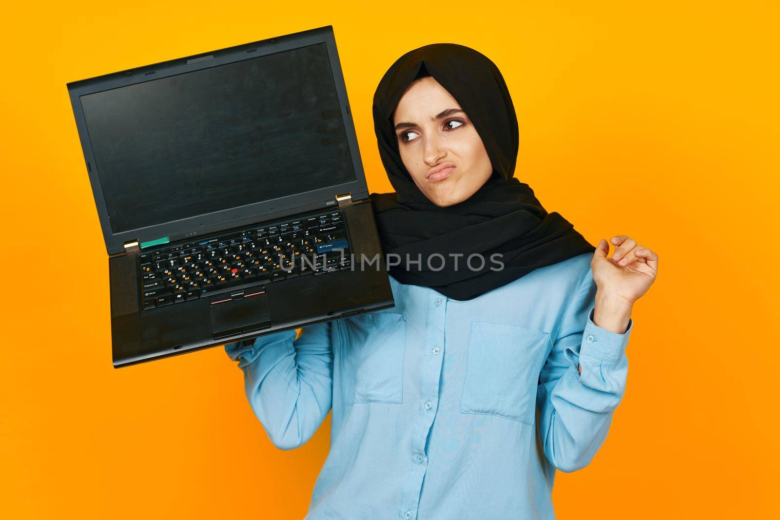 arab woman laptop posing technology internet isolated background by Vichizh