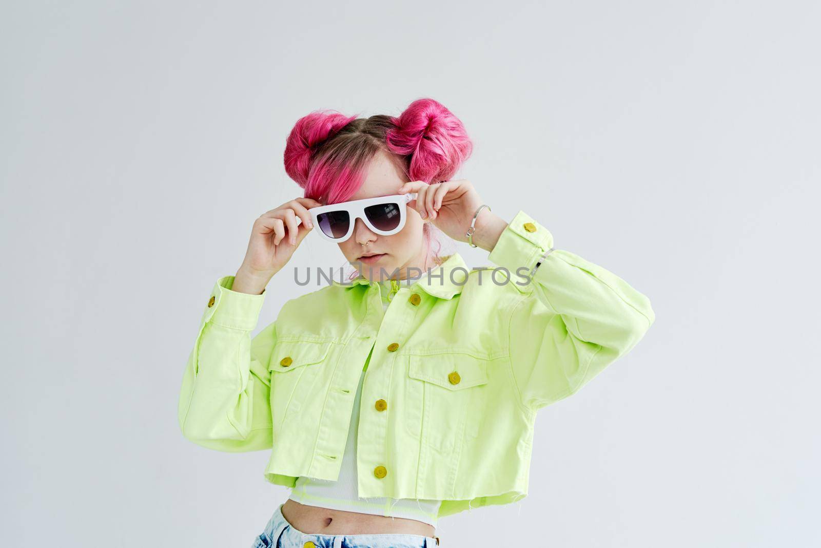 cheerful woman pink hair posing fashion clothes lifestyle fun design by Vichizh