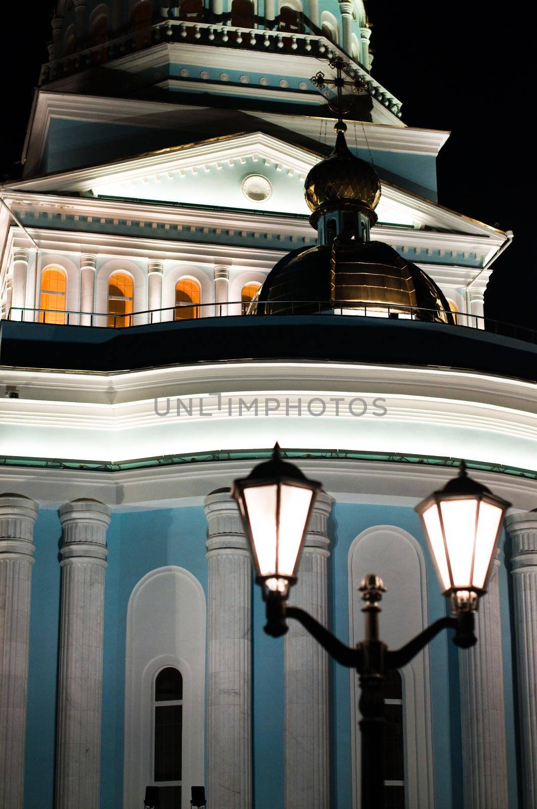 russian cathedral in Saransk at night with lantern in foreground