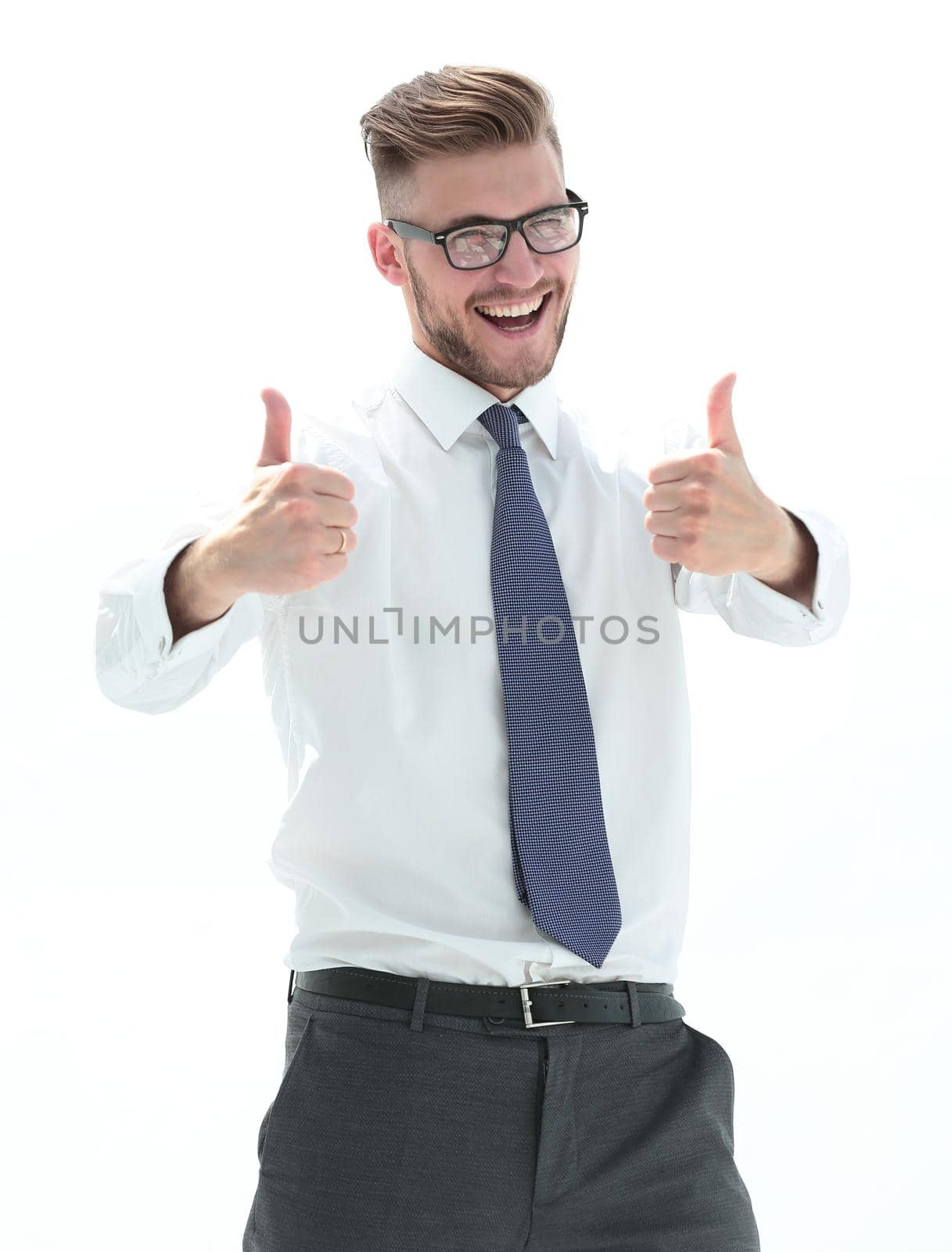 cheerful businessman showing thumbs up.isolated on white background