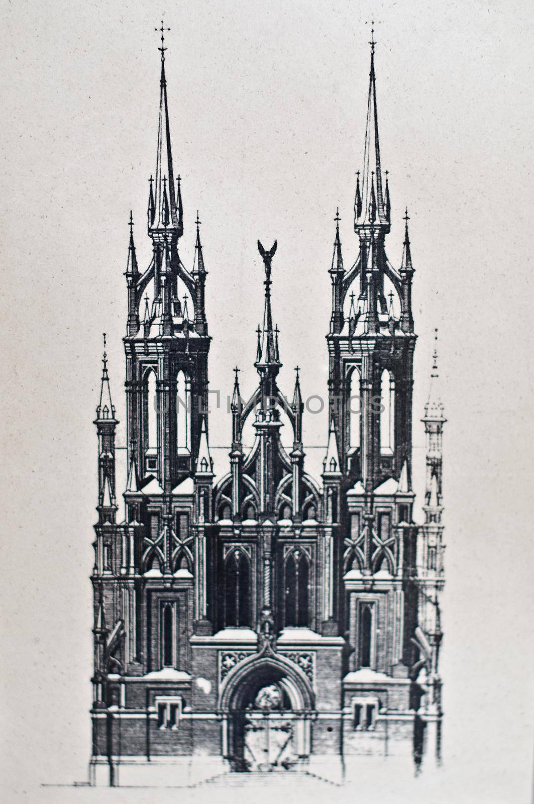 old drawing of catholic castle like church by unknown author