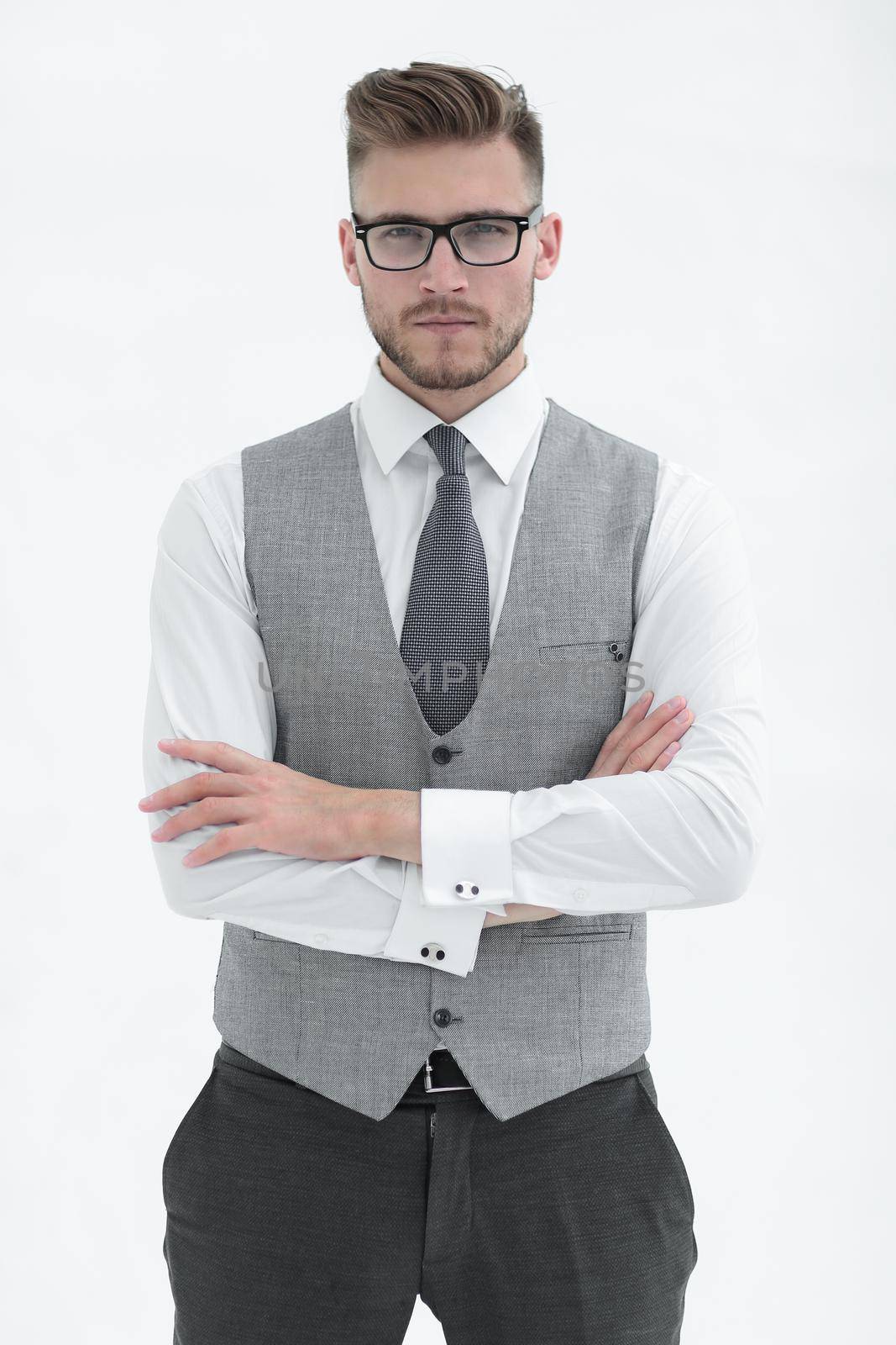 close-up of a businessman in a vest wearing glasses.photo with copy space