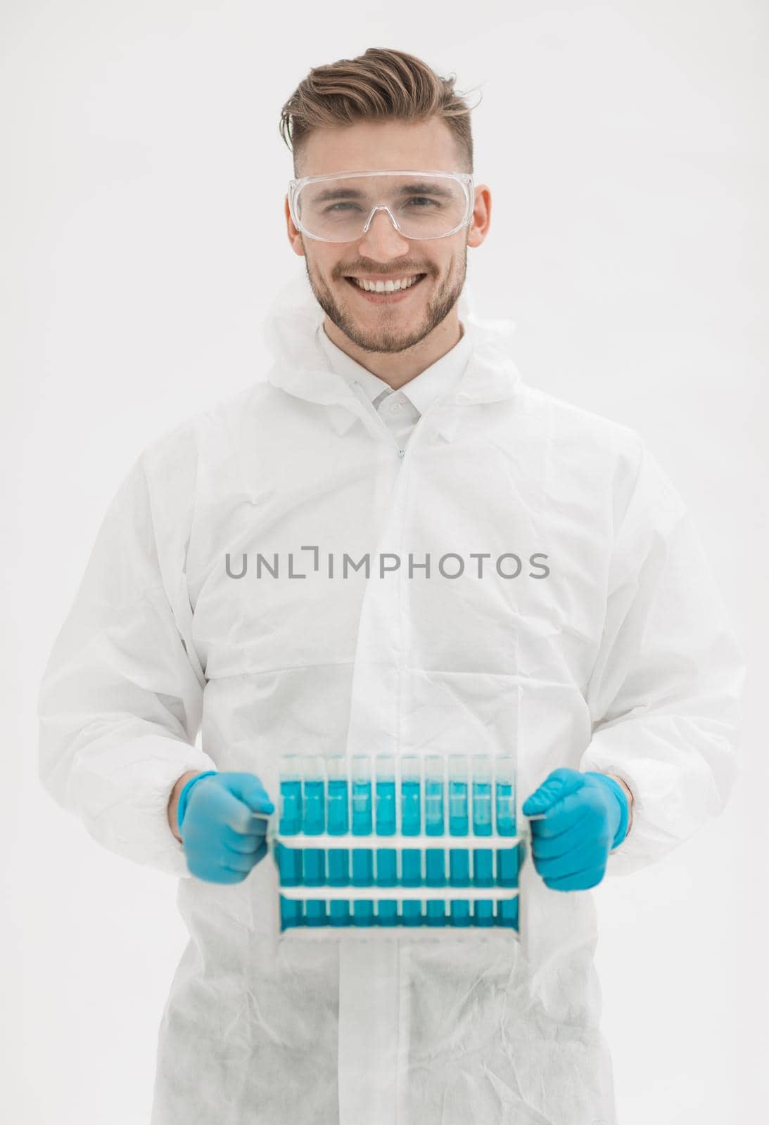 scientist biologist holding container with tubes .science and health