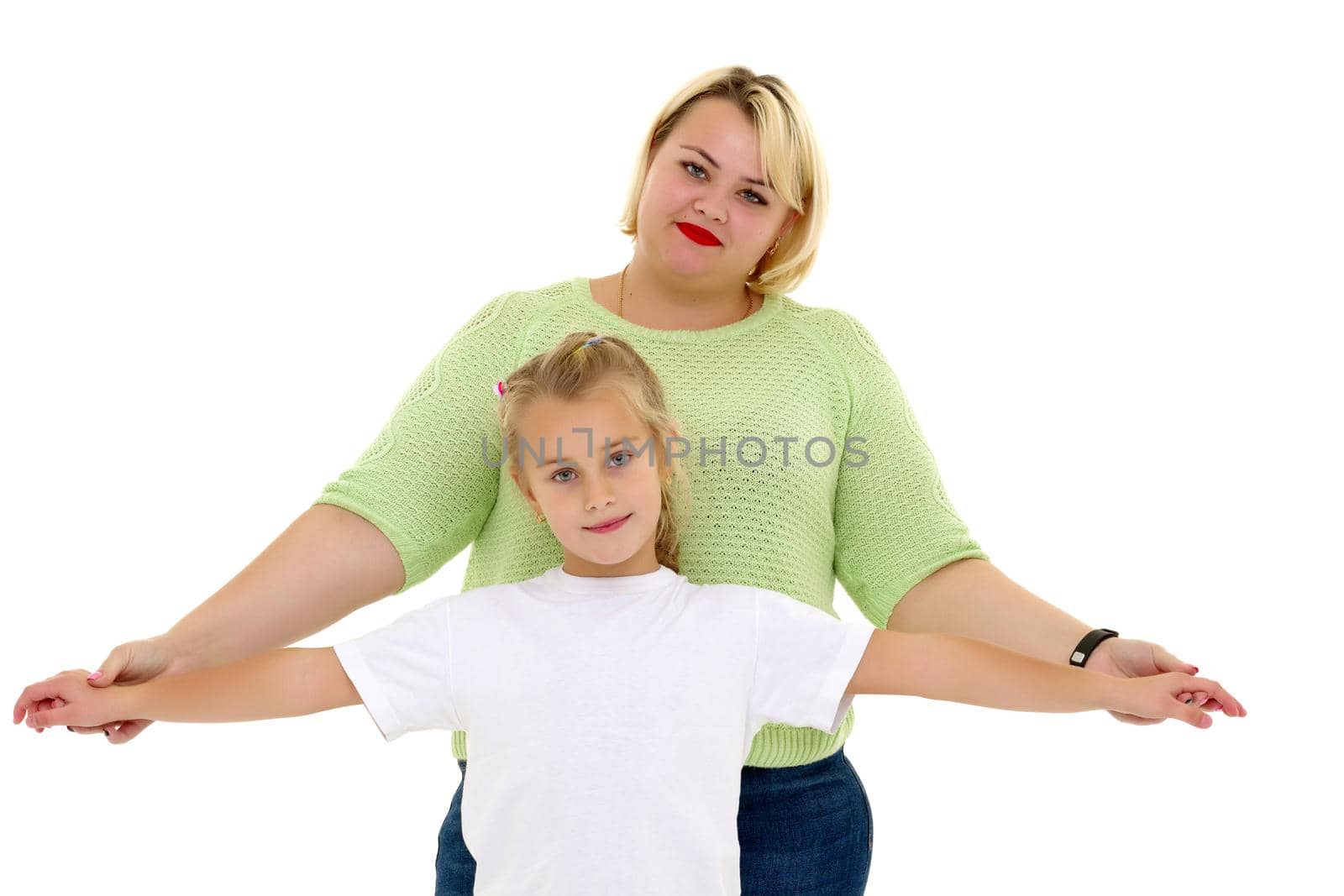 Happy family mom and little daughter hold hands. Isolated on white background.