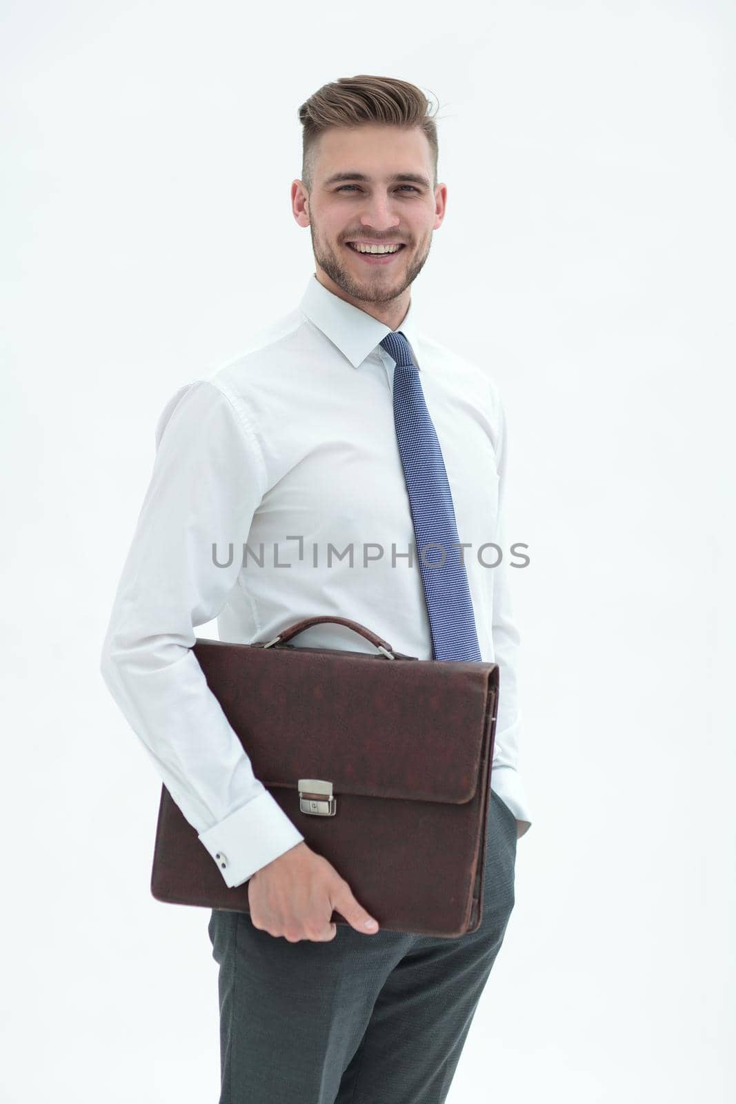 smiling Executive businessman with leather briefcase.isolated on white