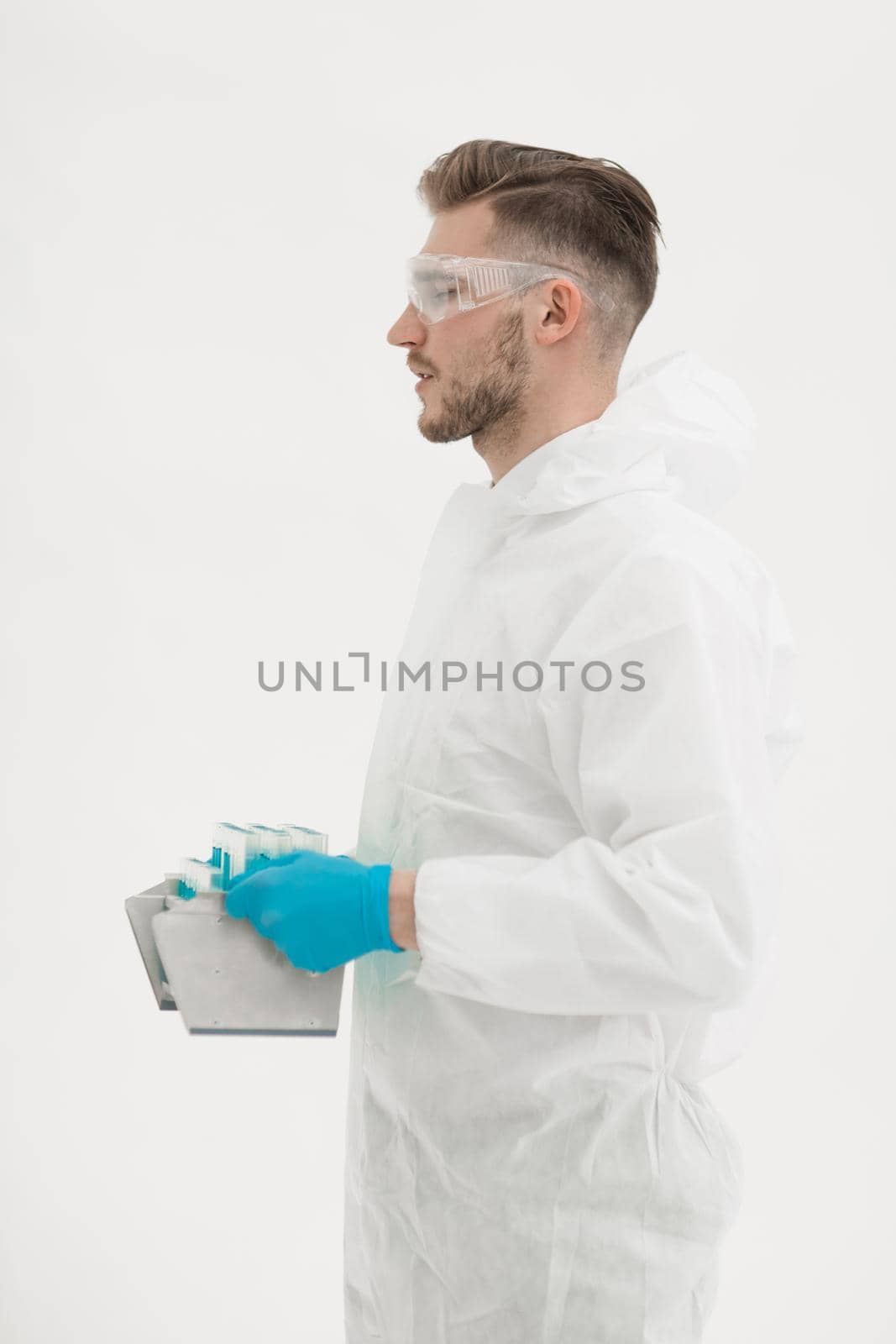 side view.modern scientist on a white background