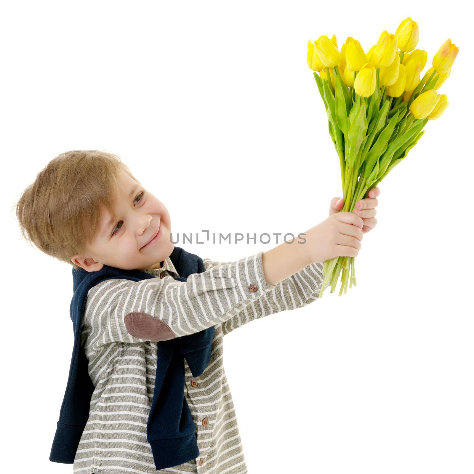 Cute little boy with a bouquet of tulips. Concept spring, holiday, gift. Isolated on white background.