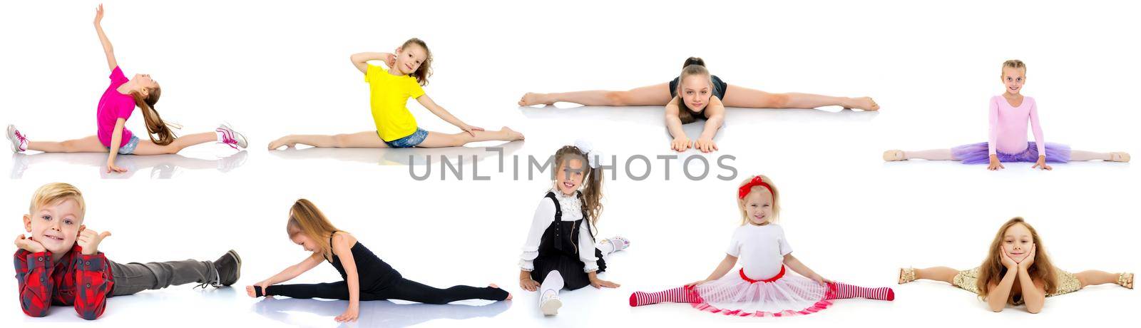 A group of cheerful little girls-gymnasts performing various gymnastic and fitness exercises. The concept of an active way of life, a happy childhood. Isolated on white background.