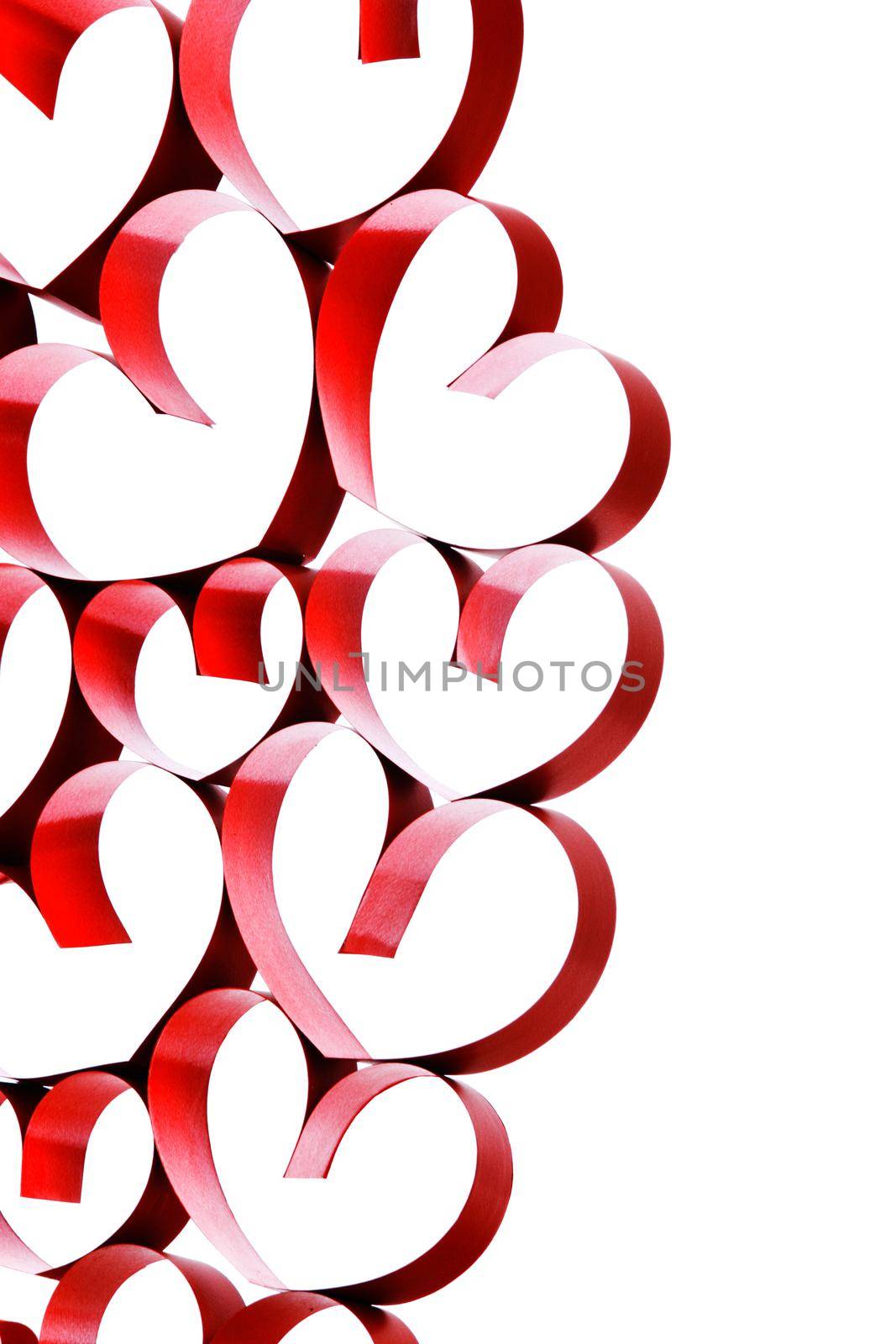 Linked red ribbon hearts isolated on white background, Valentines day decoration