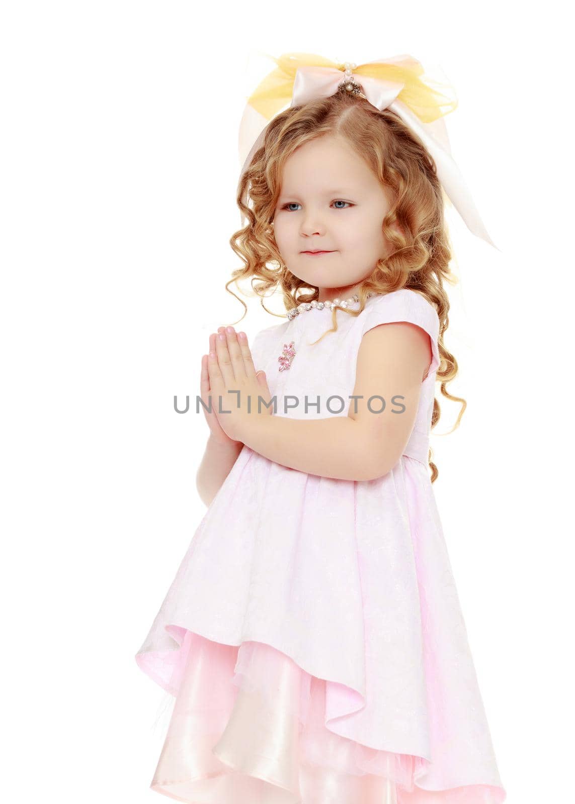 Little boy in black suit with bow tie gives a big red rose charming little girl.Isolated on white background.