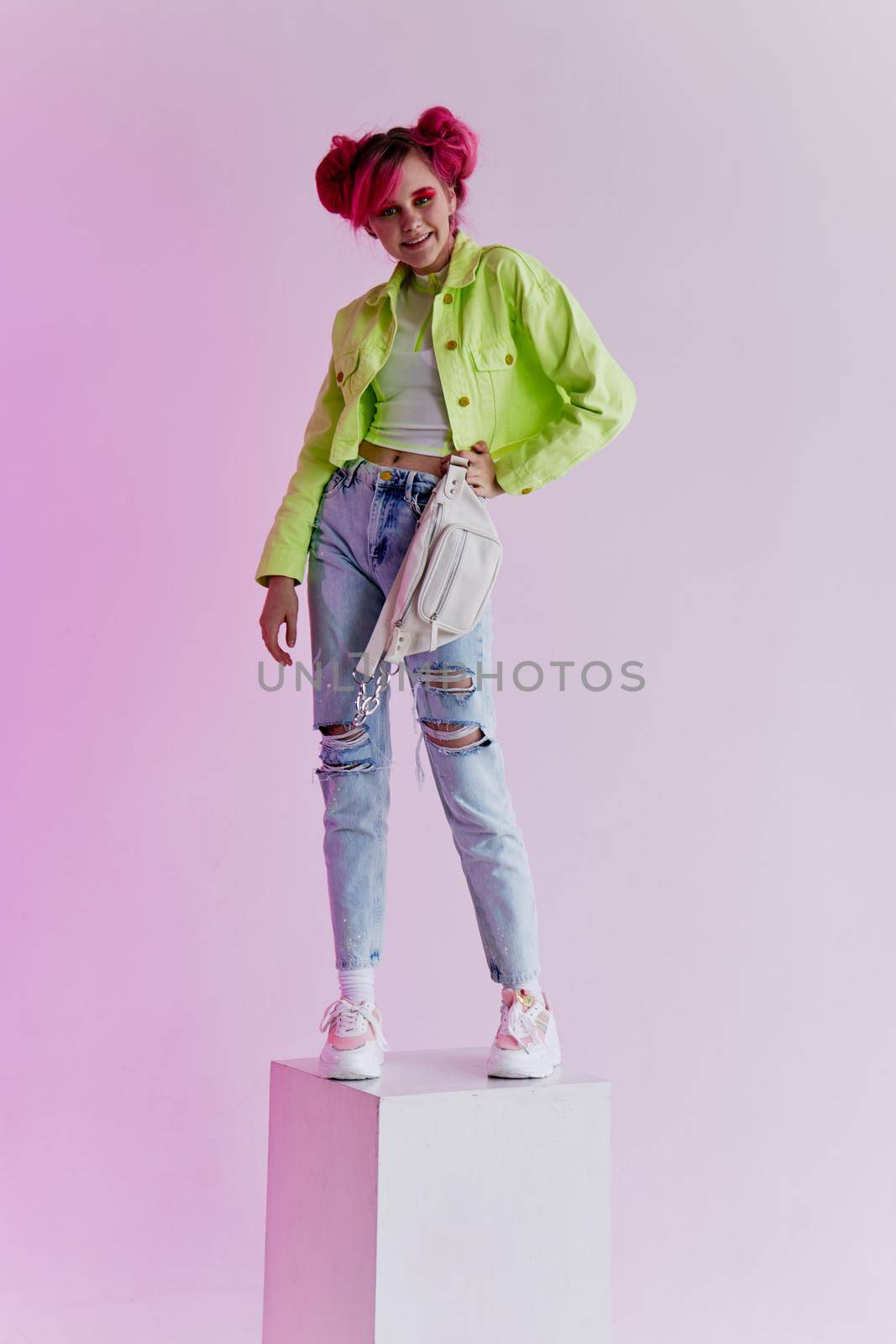 cheerful woman green jacket fashionable clothes studio model by Vichizh