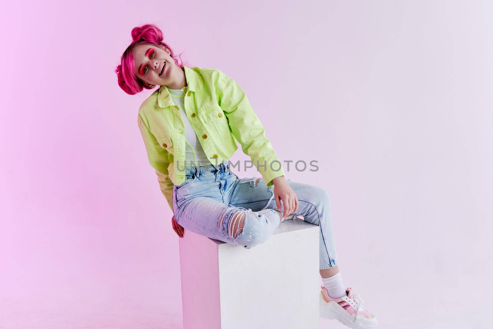 cheerful woman green jacket fashionable clothes studio model by Vichizh