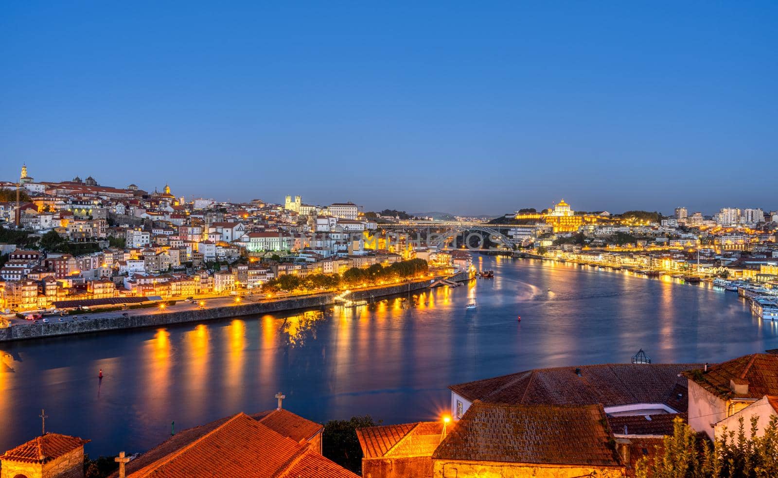 View over Porto with the river Douro before sunrise