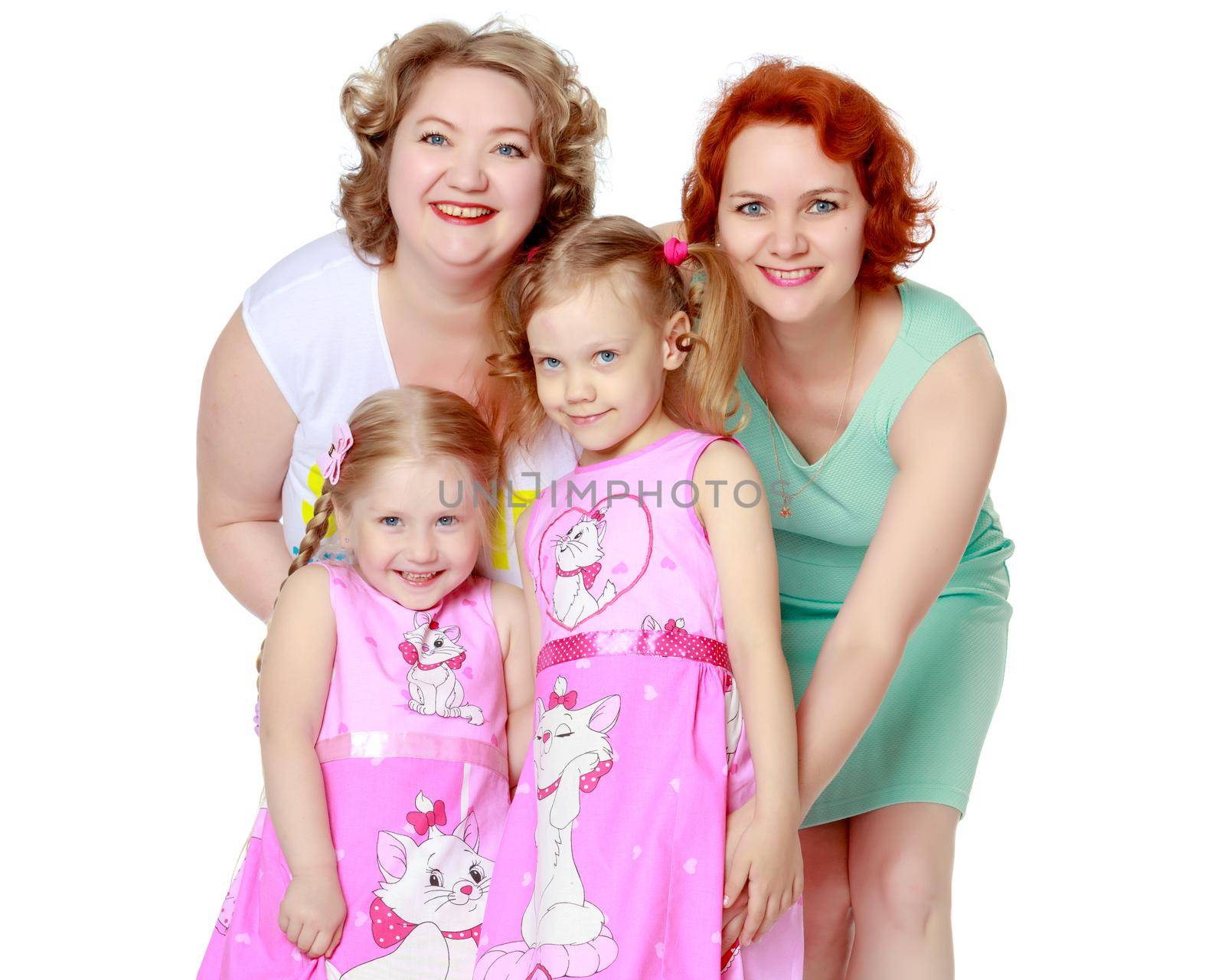 Happy family with young children. The concept of family happiness and development of children. Isolated on white background.