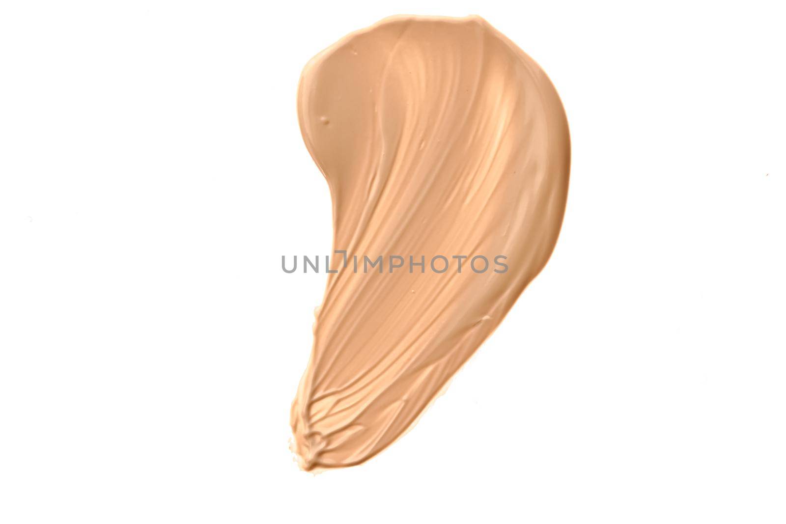 Beige beauty cosmetic texture isolated on white background, smudged makeup emulsion cream smear or foundation smudge, crushed cosmetics product and paint strokes.