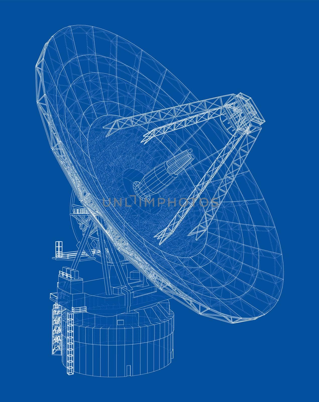 Radio Telescope concept outline. 3d illustration. Wire-frame style