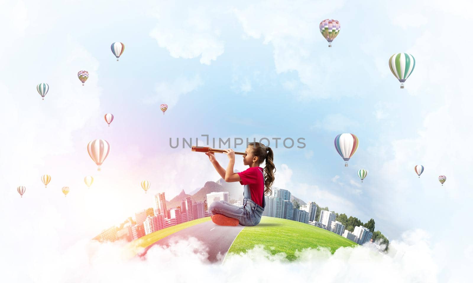 Cute kid girl on city floating island looking in spyglass