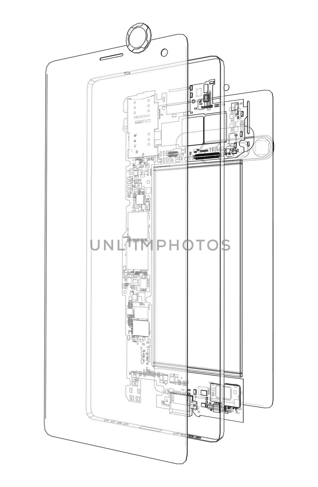 Disassembled smartphone concept outline. 3d illustration. Wire-frame style