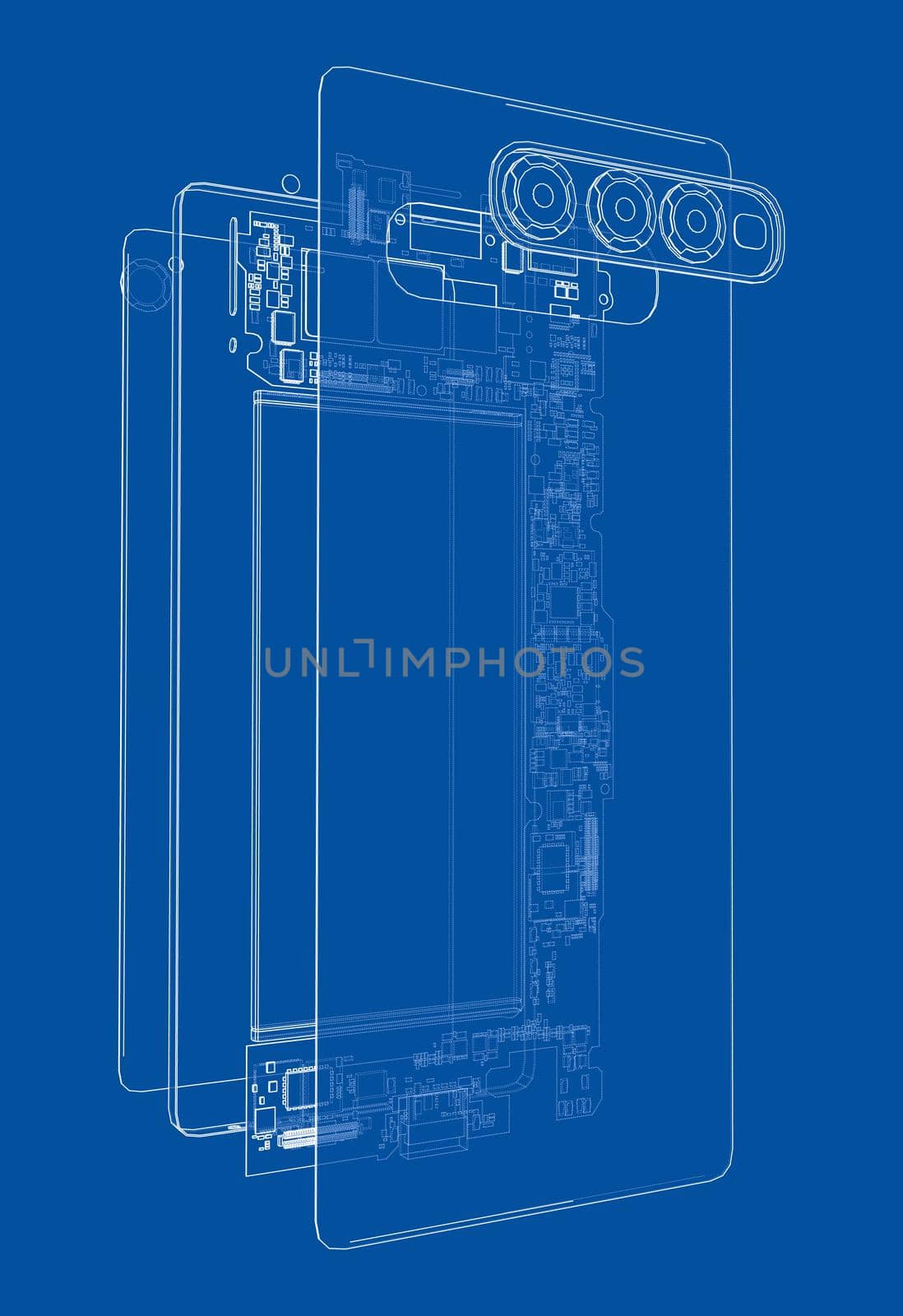 Disassembled smartphone concept outline. 3d illustration. Wire-frame style