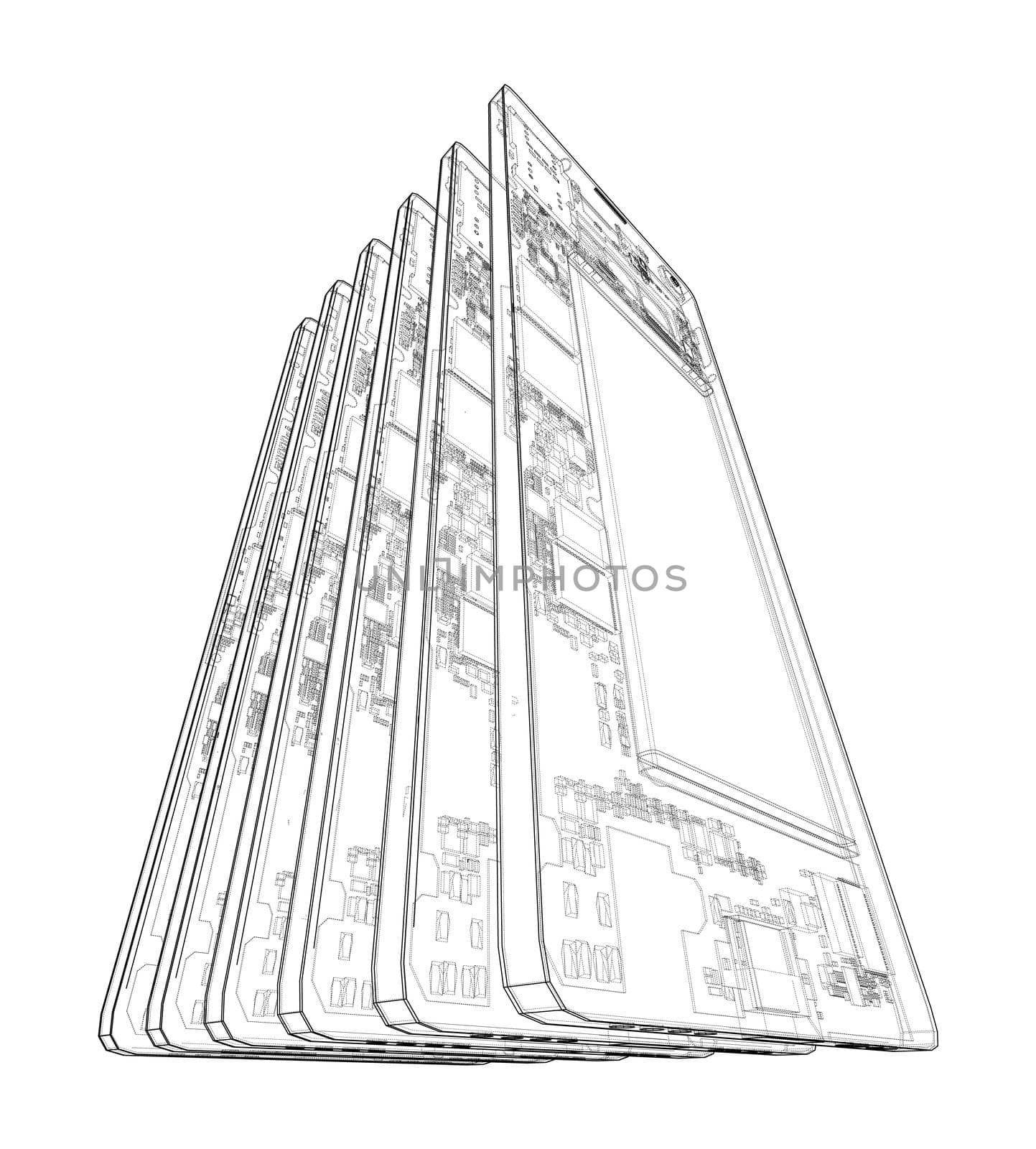 Smartphones concept outline. 3d illustration. Wire-frame style