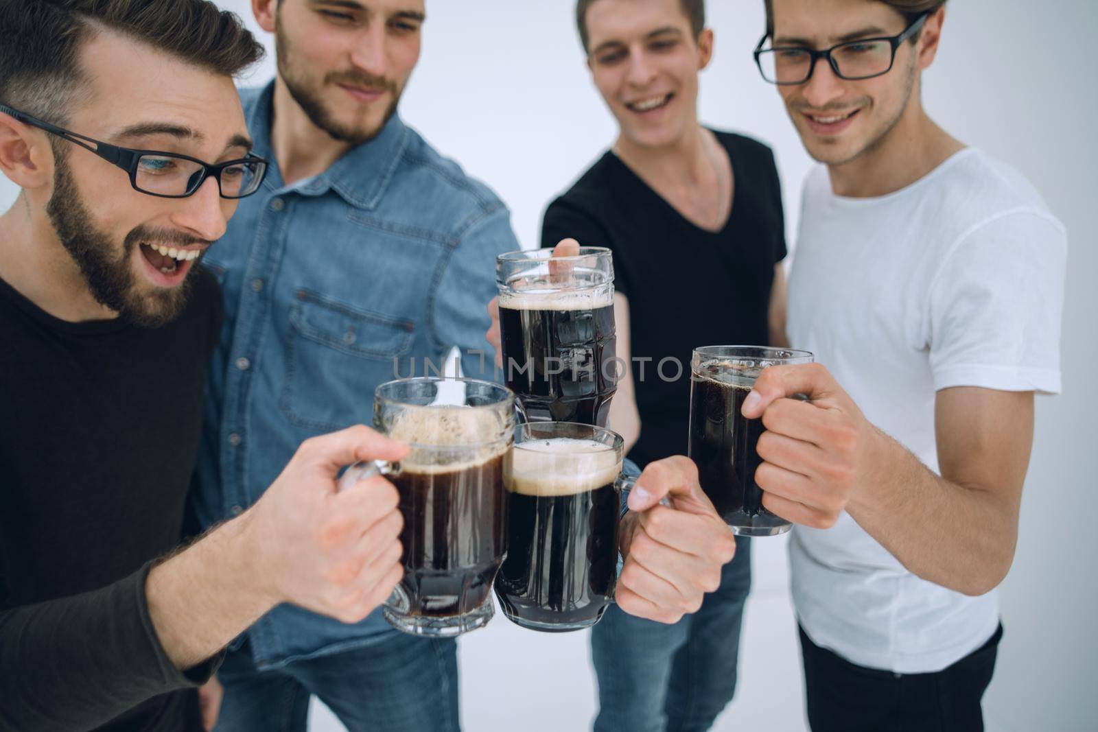 Group of happy friends drinking and drinking beer on isolated background
