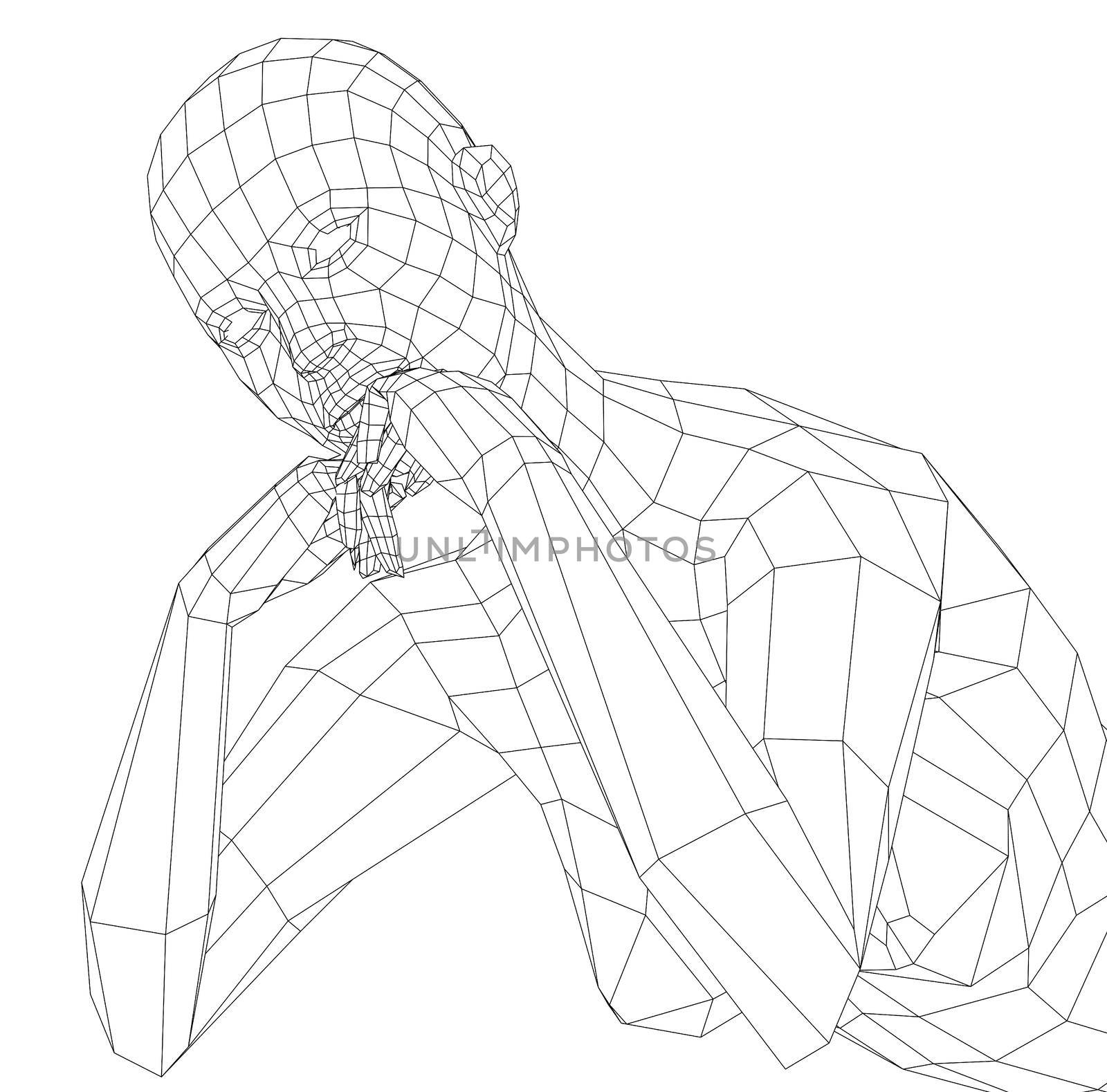 Wireframe girl rested her chin in her hands. 3d illustration