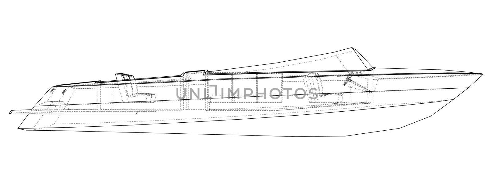 Modern boat with seats and protective glass. 3d illustration