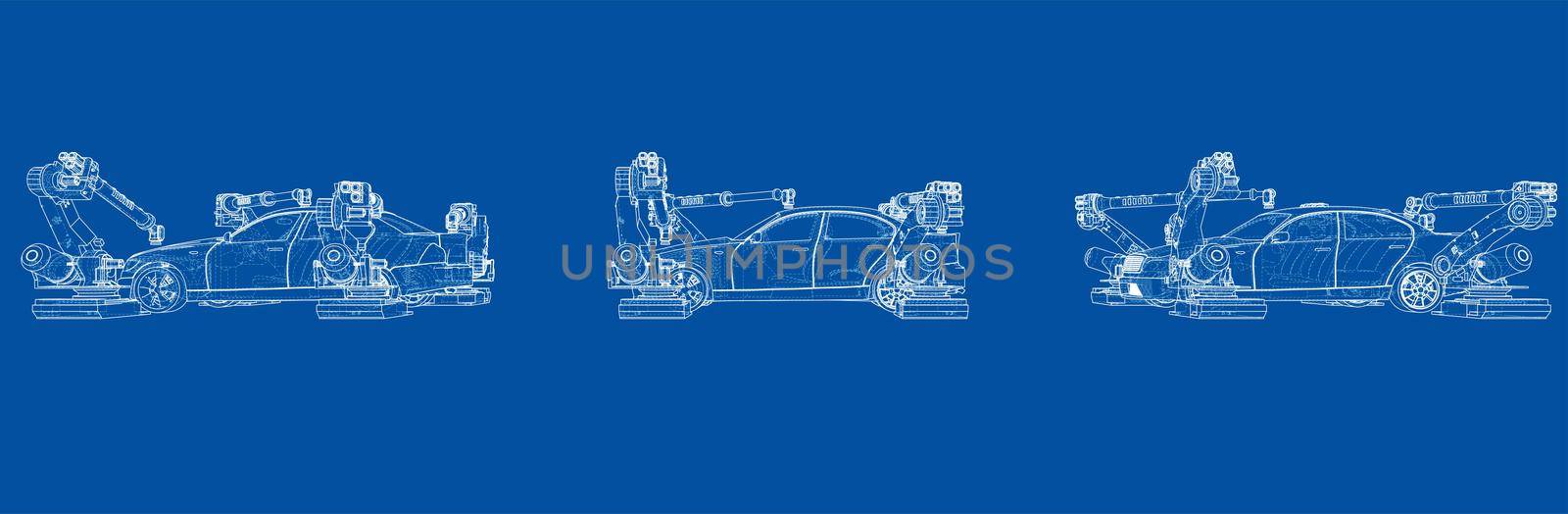 Assembly of motor vehicle. Robotic equipment makes Assembly of car. Blueprint style. 3d illustration