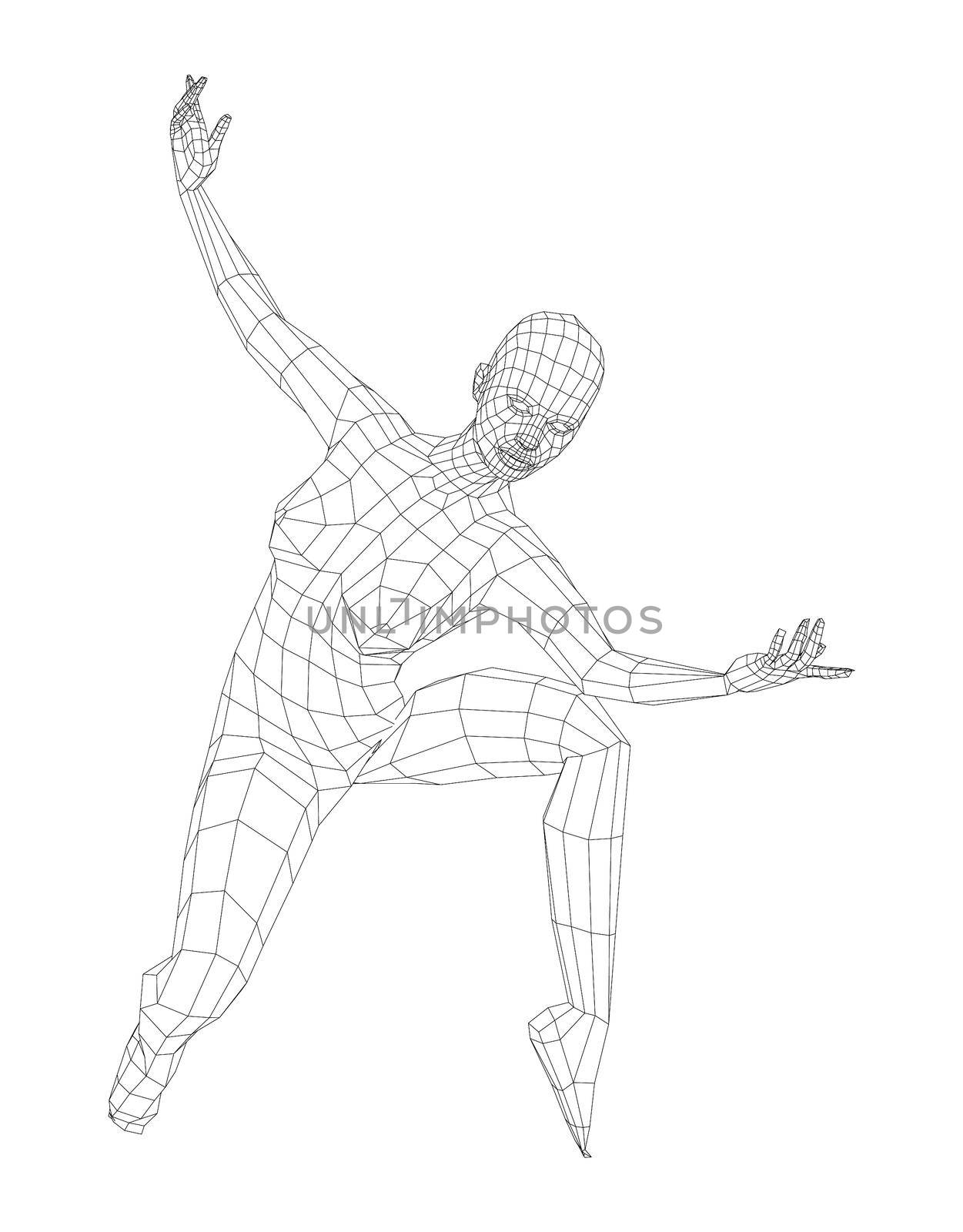 Wireframe ballerina or dancer in dance pose. 3d illustration