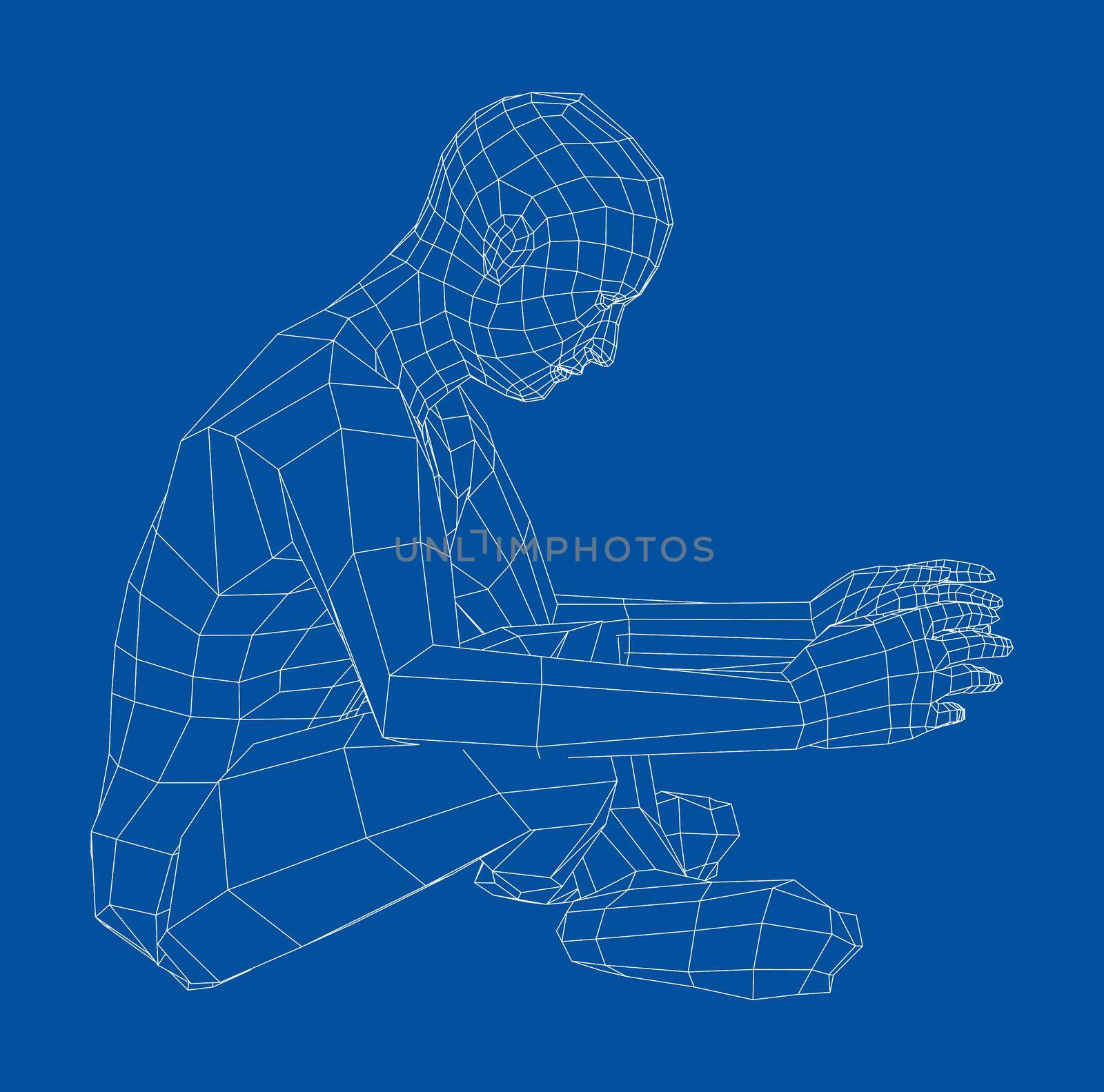 Wireframe man relaxing in lotus position. 3d illustration by cherezoff