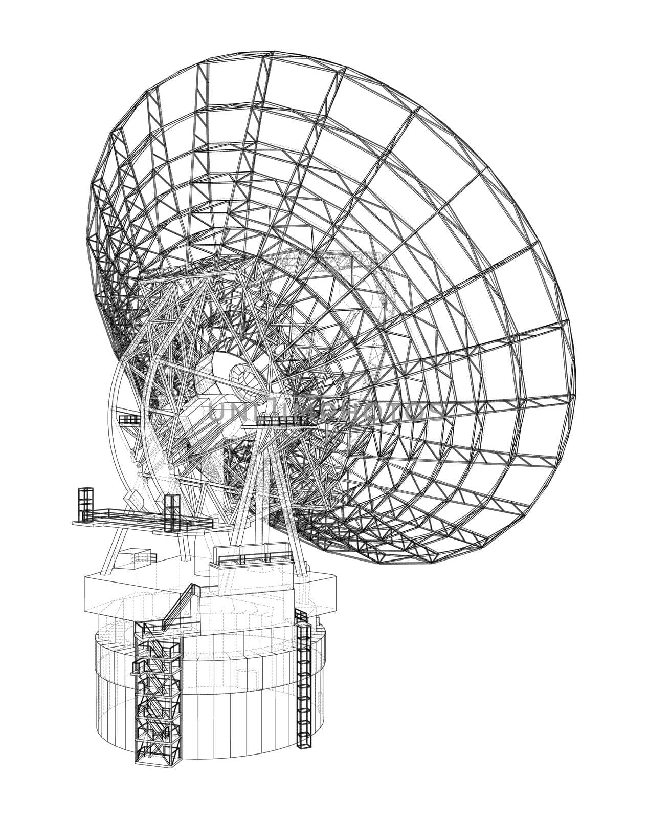 Radio Telescope concept outline. 3d illustration. Wire-frame style