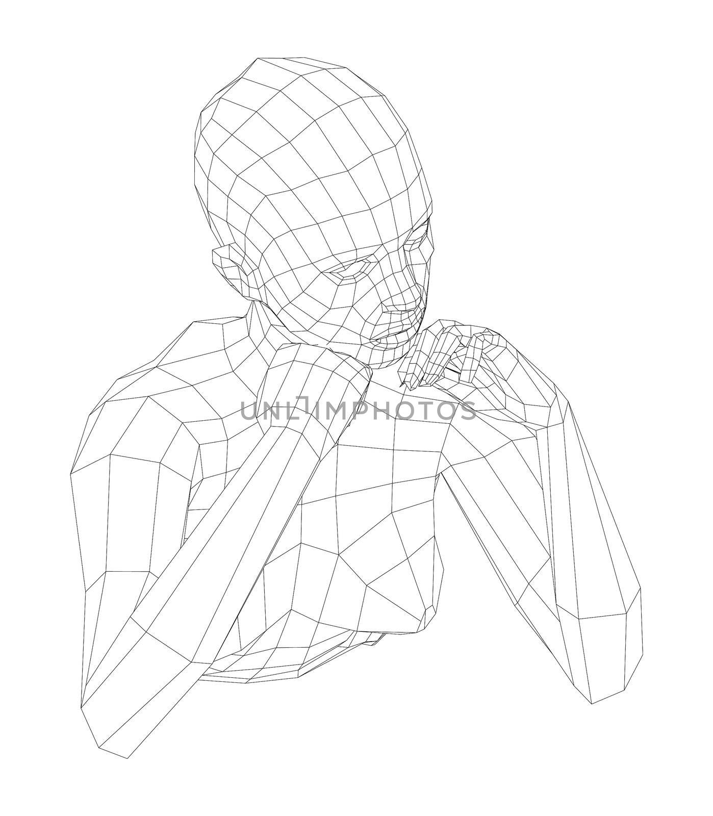 Wireframe girl rested her chin in her hands. 3d illustration