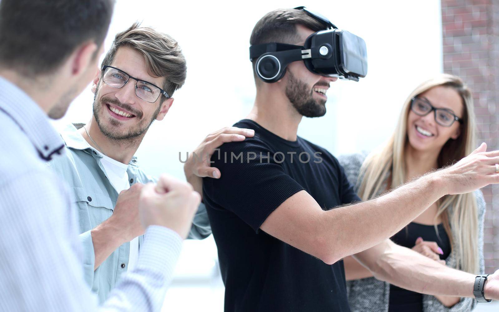 Portrait of man scientist is examination model virtual reality glasses., Science and research concept.