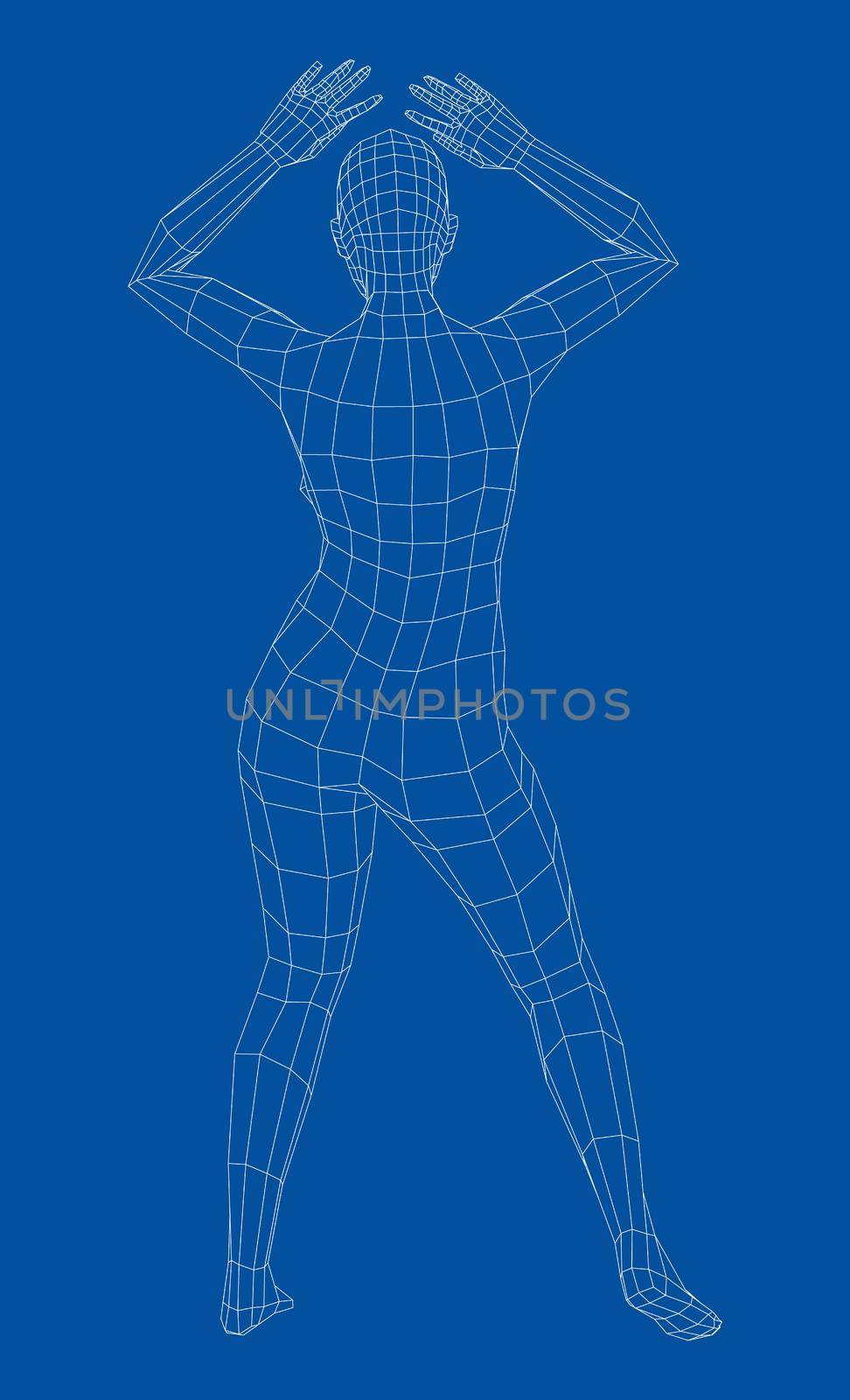 Wireframe ballerina or dancer in dance pose. 3d illustration