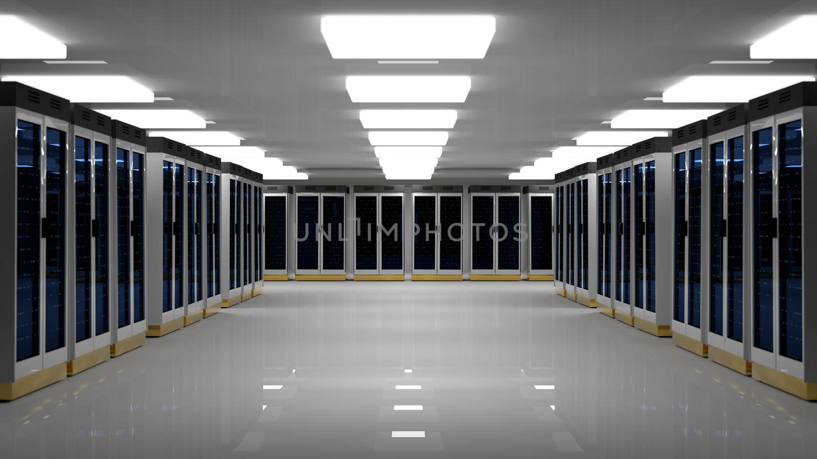 Server racks in server room cloud data center. Datacenter hardware cluster. Backup, hosting, mainframe, mining, farm and computer rack with storage information. 3D rendering. 3D illustration