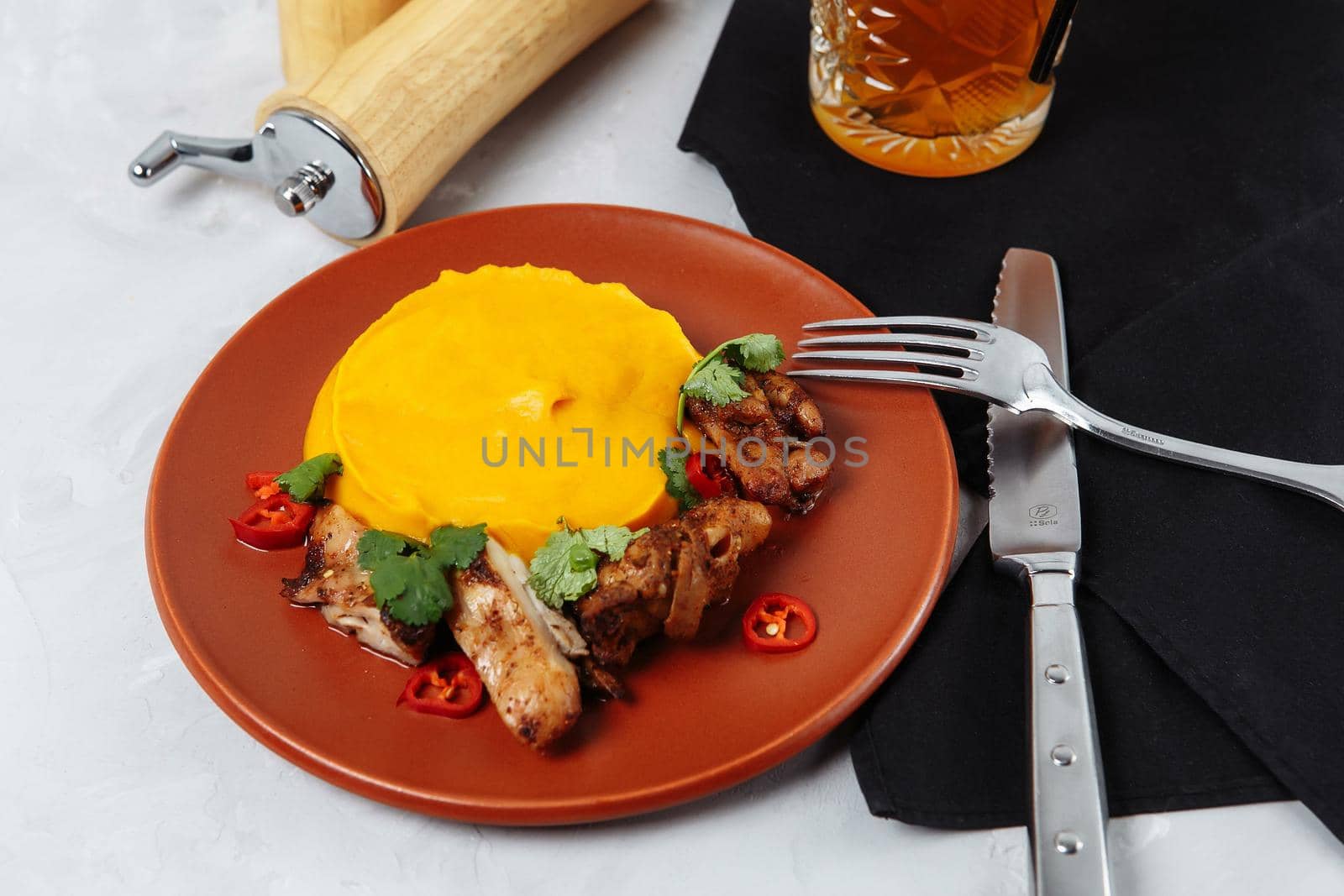 Grilled chicken skewers and pumpkin puree on a white plate by UcheaD