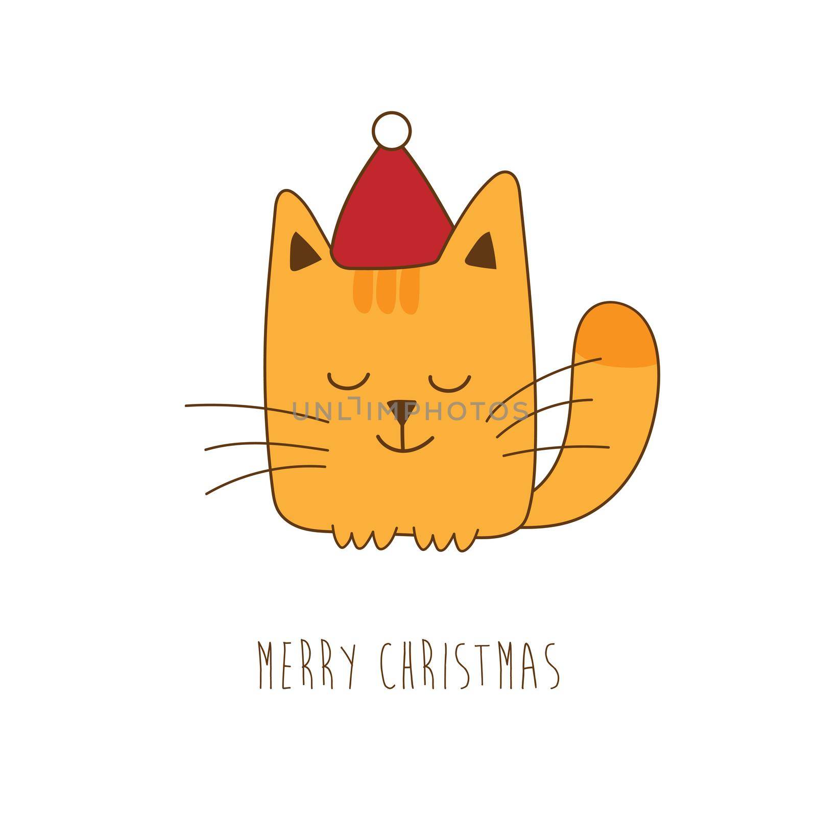 Christmas card with cute ginger cat. Kitten in red santa hat by natali_brill