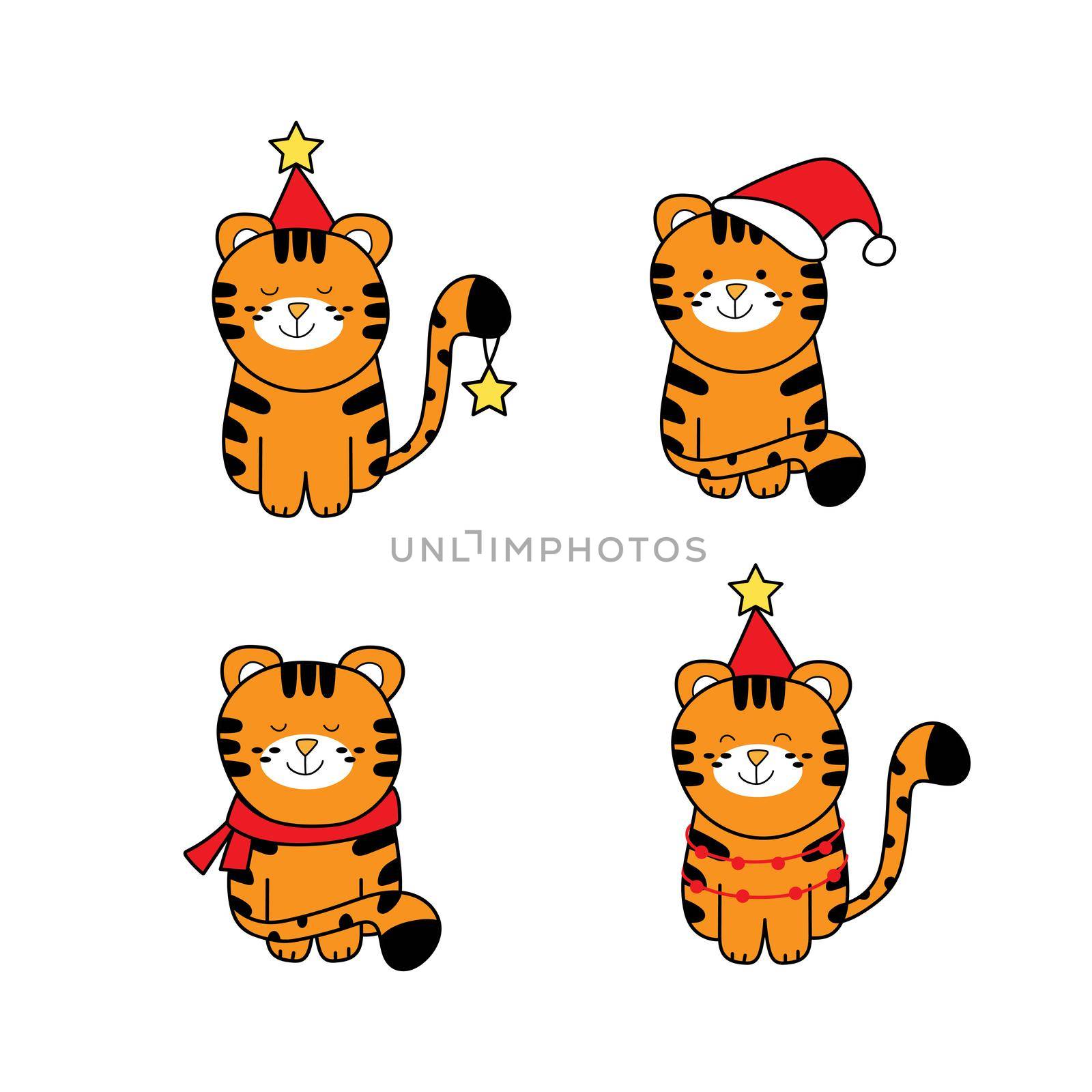 Set of cute tiger in Christmas costume - vector collection on white by natali_brill