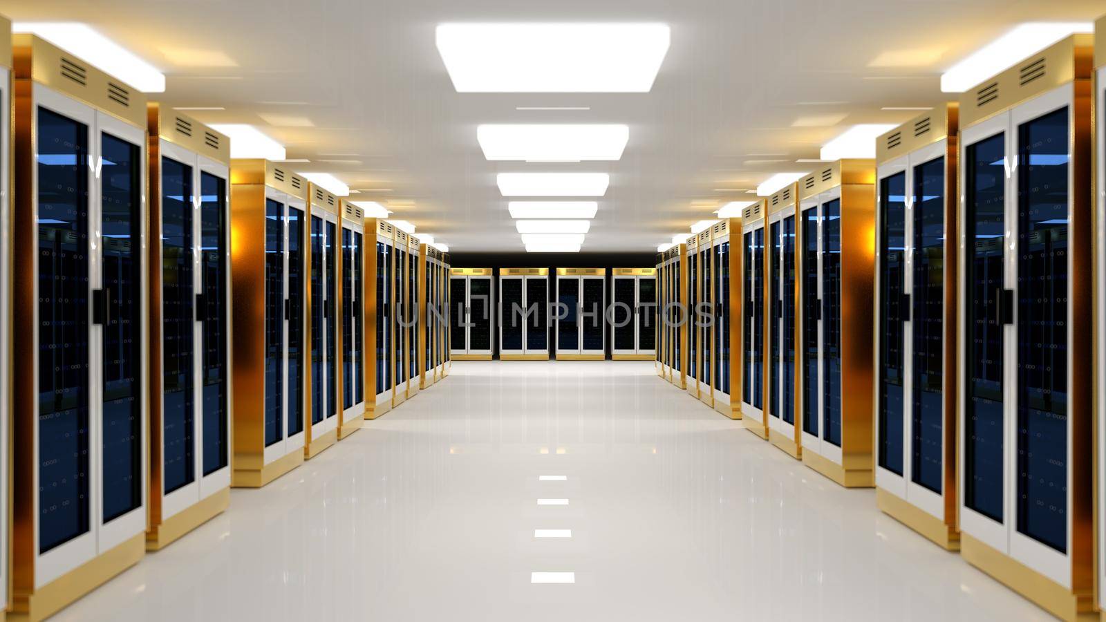 Server room data center. Backup, mining, hosting, mainframe, farm and computer rack with storage information. 3d render by kwarkot